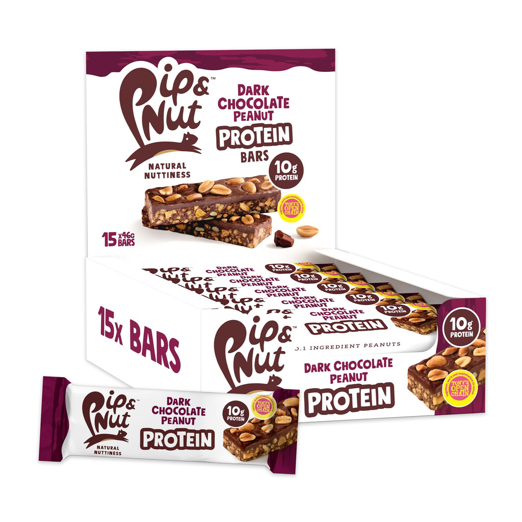 Pip & Nut Protein Bars - Dark Chocolate Peanut - High Protein Snack Bar - 15 x 46g Pack - Damaged Box - BBE 09/2026