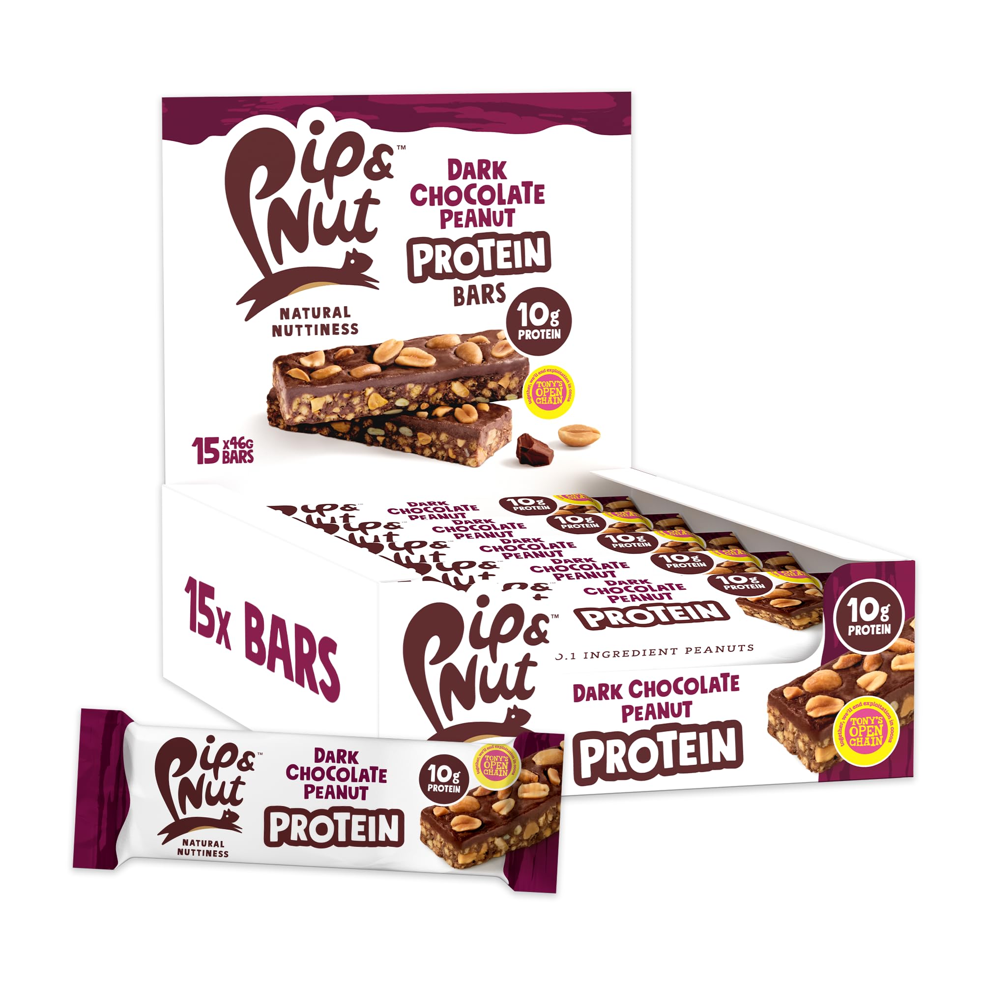 Pip & Nut Protein Bars - Dark Chocolate Peanut - High Protein Snack Bar - 15 x 46g Pack - Damaged Box - BBE 09/2026