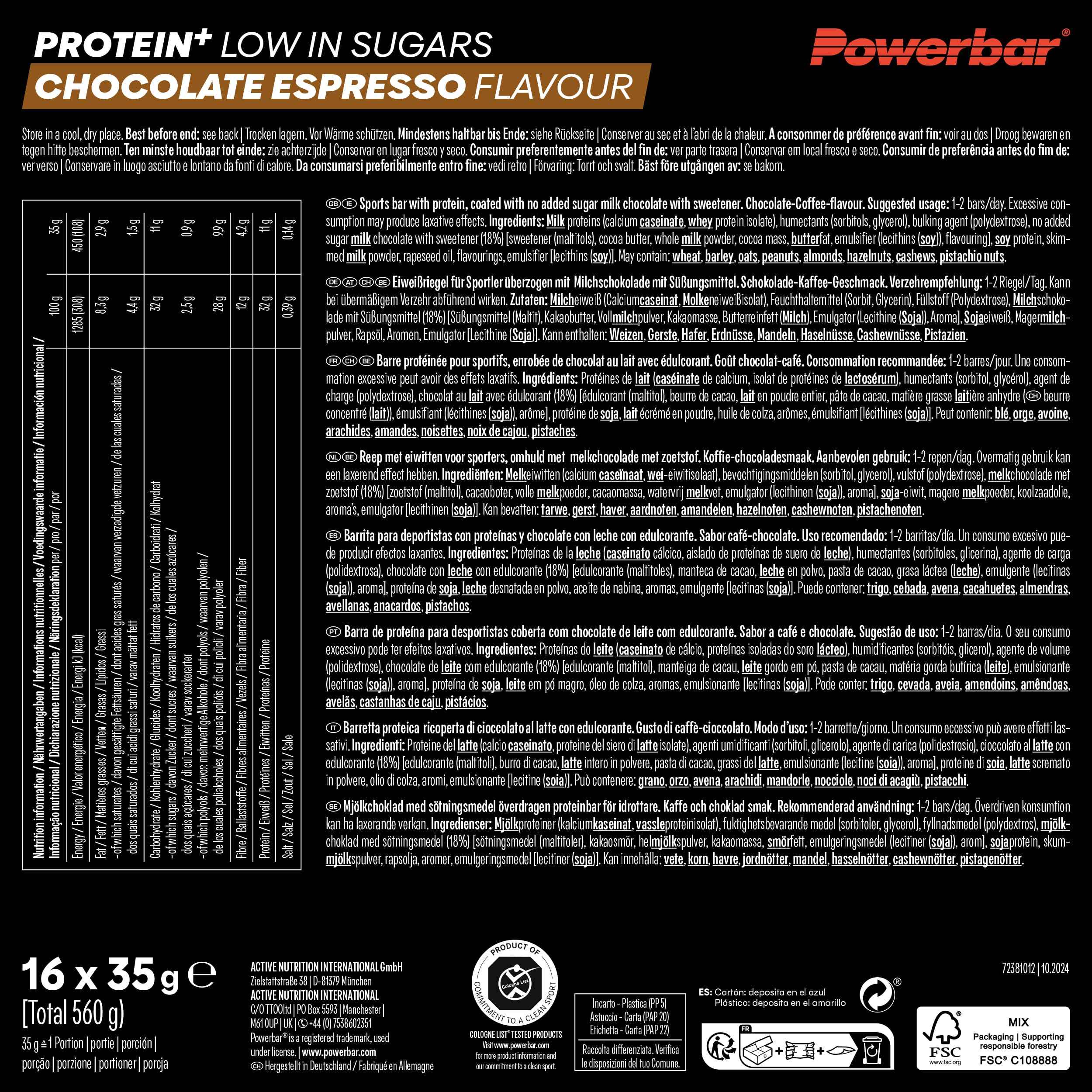 Powerbar Protein Plus Bars - Chocolate Espresso - 16x35g - High Protein Low Sugar Palm Oil Free Snack Bar - New - BBE 04/2026