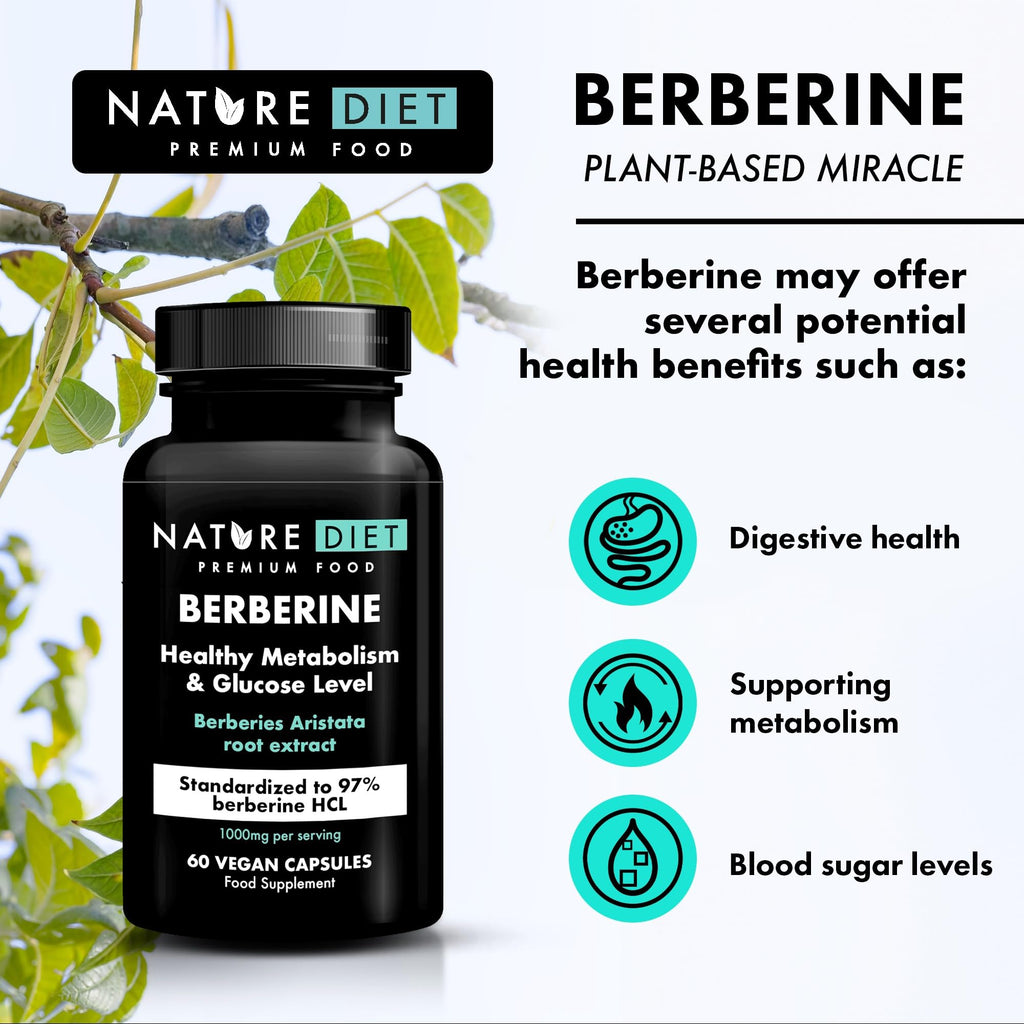 Nature Diet Berberine, 1000 mg Berberine HCL per Serving, 60 Vegan Capsules - Damaged Box - BBE 07/2026