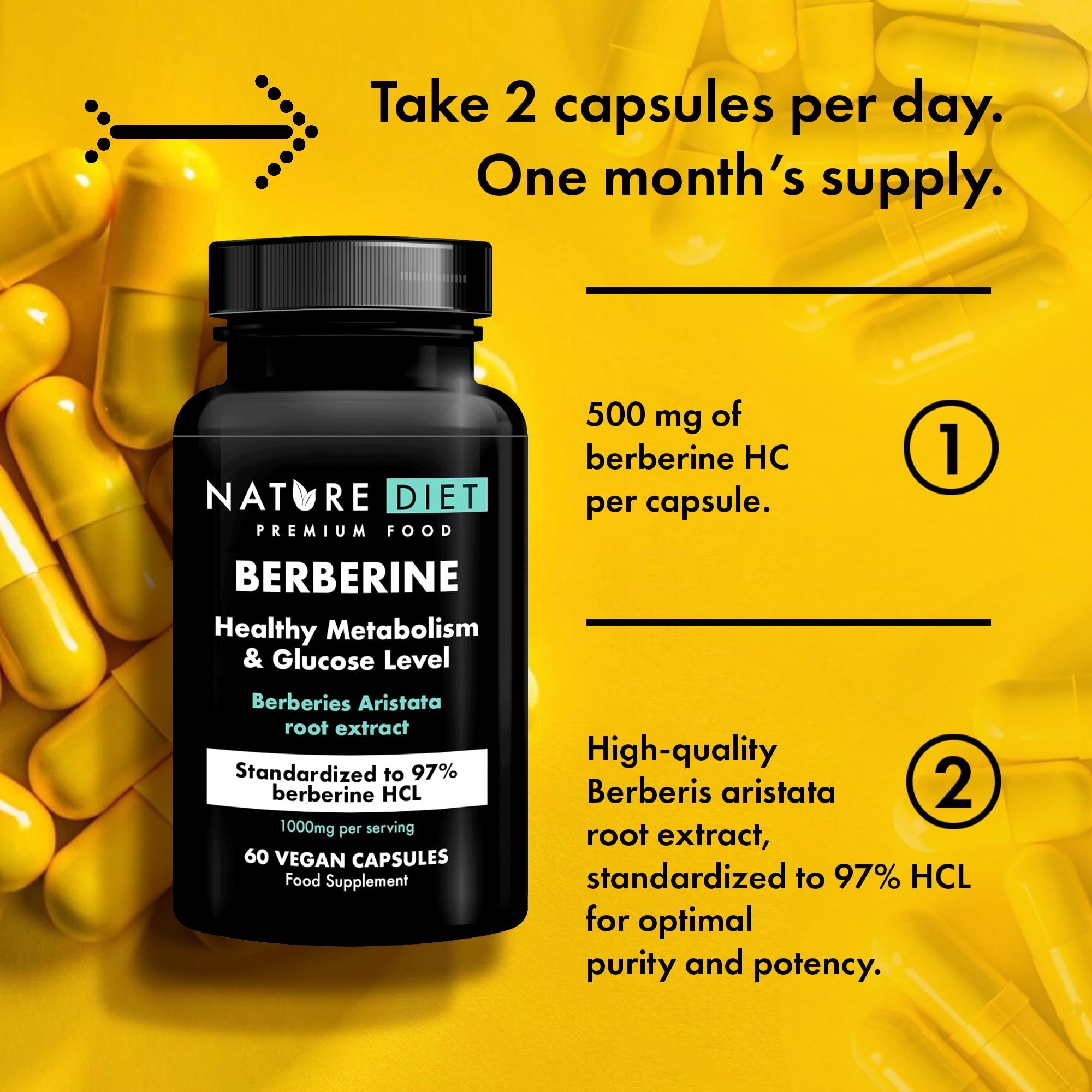 Nature Diet Berberine, 1000 mg Berberine HCL per Serving, 60 Vegan Capsules - Damaged Box - BBE 07/2026