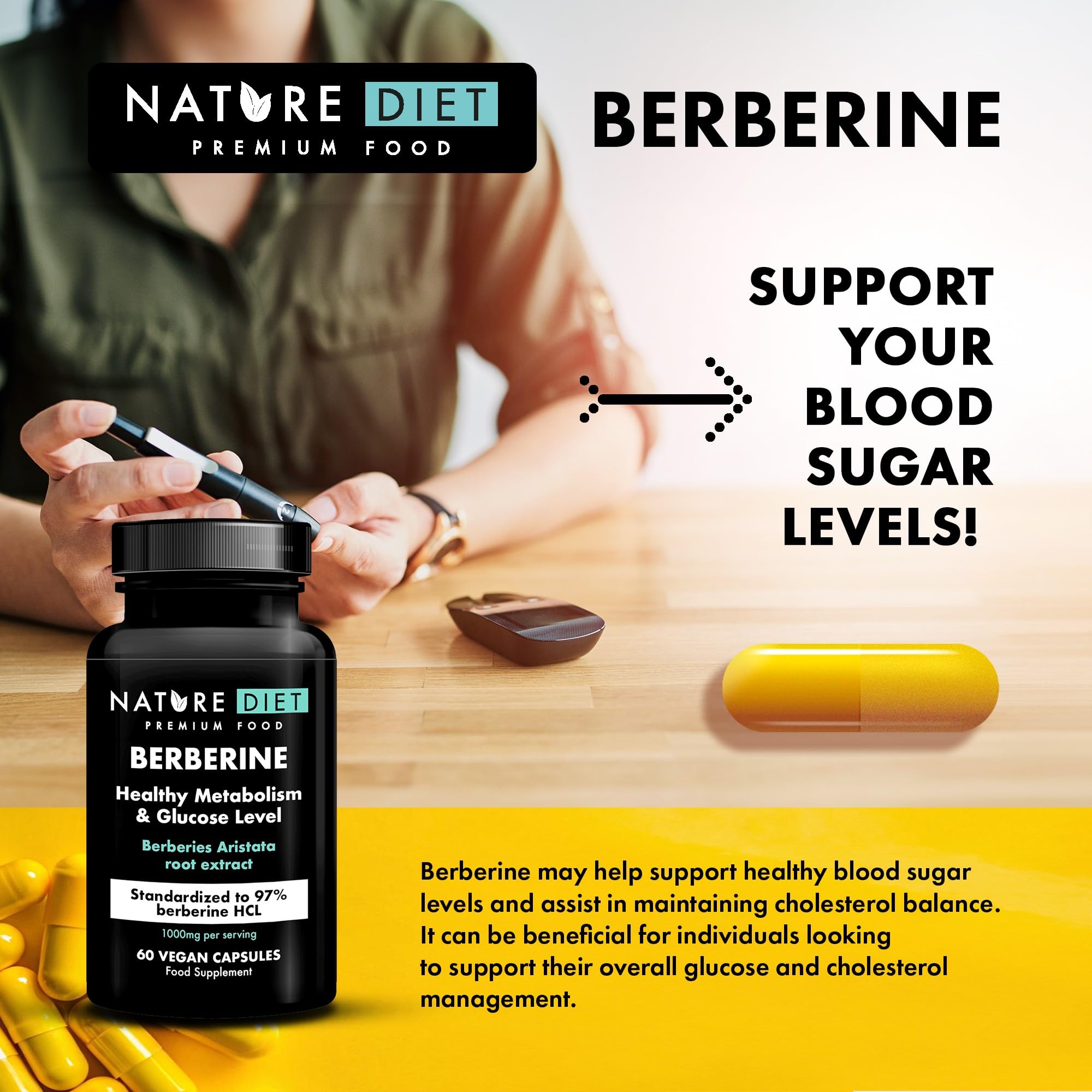 Nature Diet Berberine, 1000 mg Berberine HCL per Serving, 60 Vegan Capsules - Damaged Box - BBE 07/2026