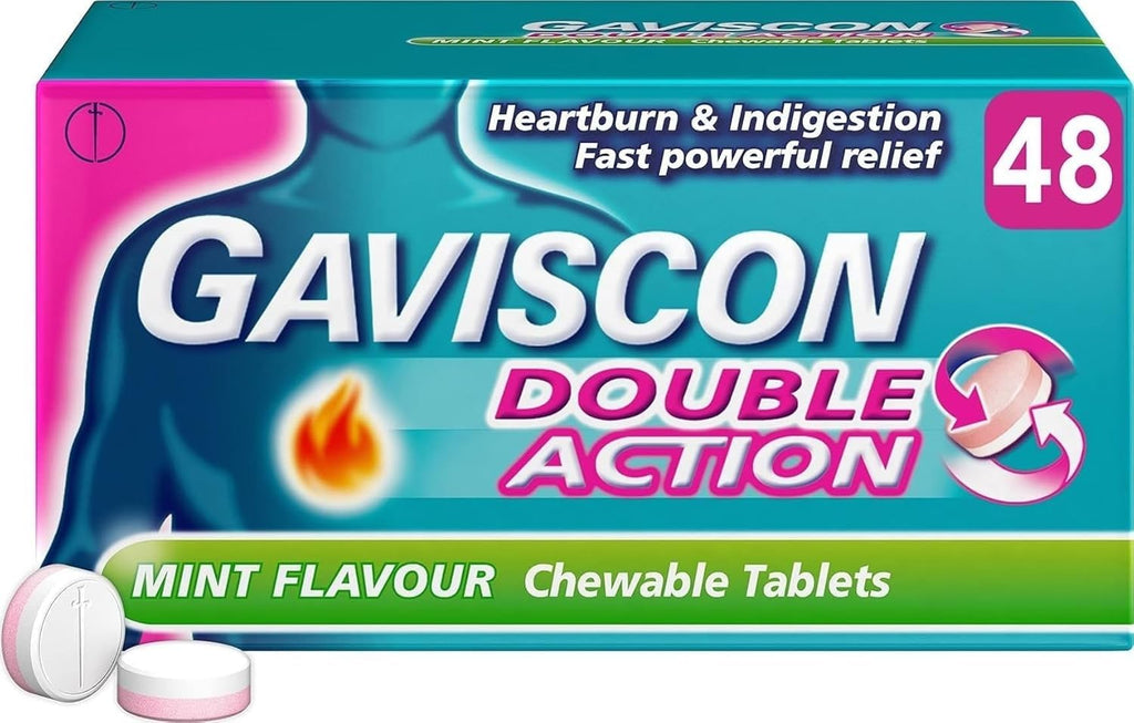 Gaviscon Double Action Chewable Tablets - Mint Flavour - 48 Tablets - Heartburn Indigestion Relief - Damaged Box - BBE 02/2028