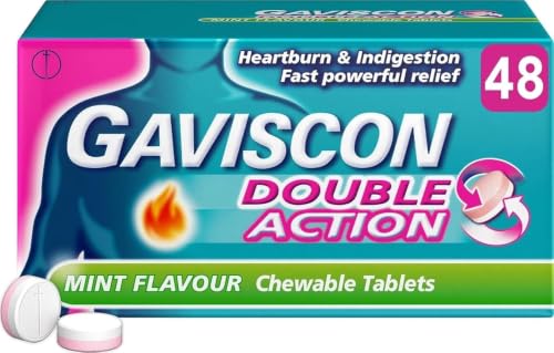 Gaviscon Double Action Chewable Tablets - Mint Flavour - 48 Tablets - Heartburn Indigestion Relief - Damaged Box - BBE 02/2028
