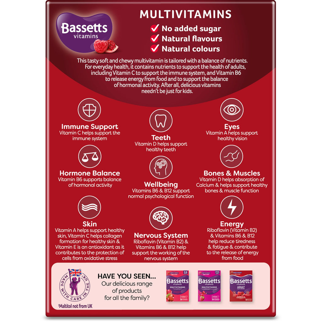 Bassetts Vitamins Adult Multivitamins - Raspberry & Pomegranate 60 Gummies - Immune Support Supplement - Damaged Box - BBE 07/2027