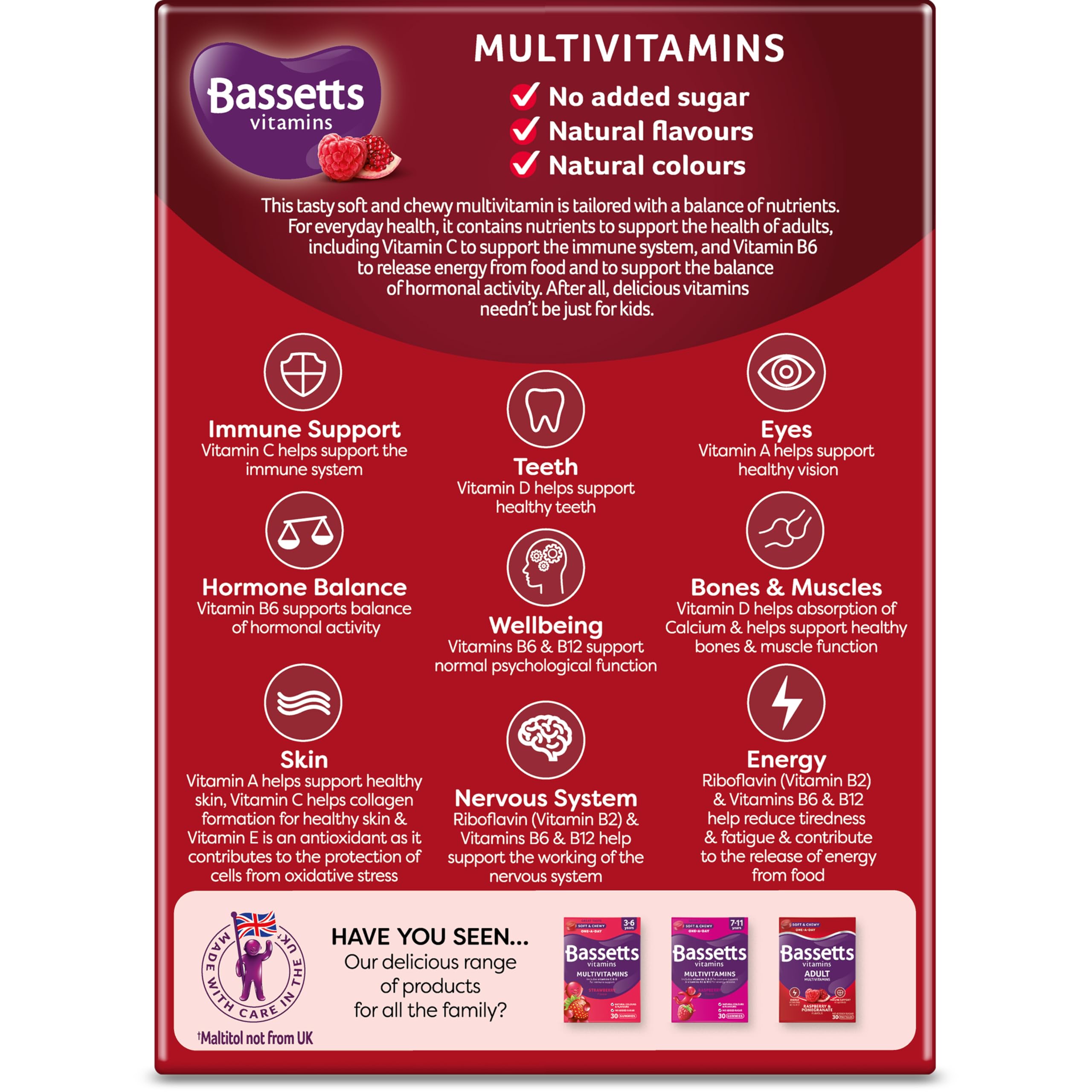 Bassetts Vitamins Adult Multivitamins - Raspberry & Pomegranate 60 Gummies - Immune Support Supplement - Damaged Box - BBE 07/2027