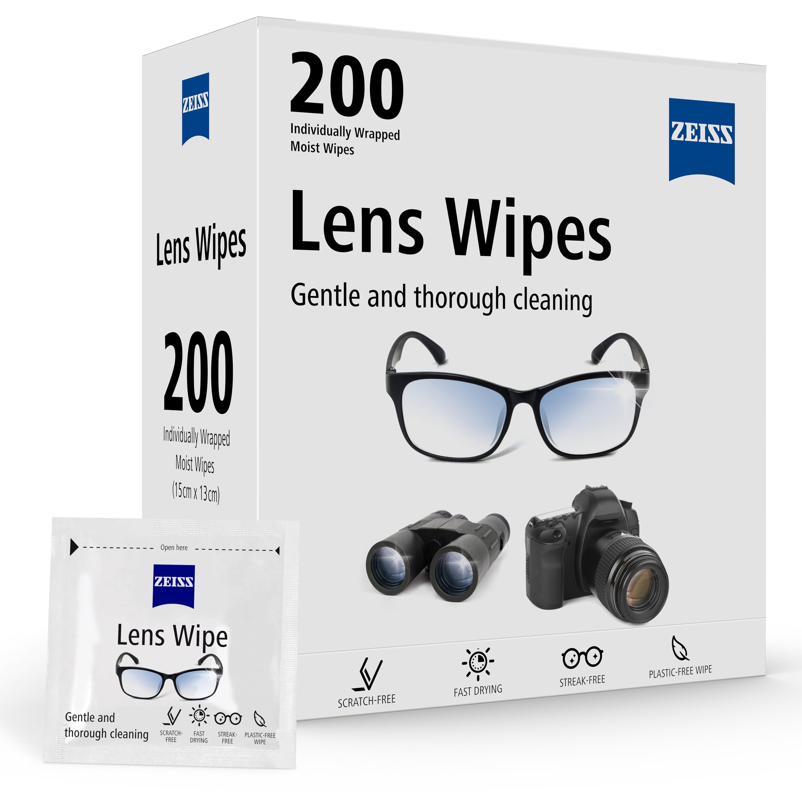 ZEISS Lens Wipes - Individually Packed Disposable Lens Cleaner for Glasses, Cameras, Binoculars - 200 Count Sachets - Damaged Box