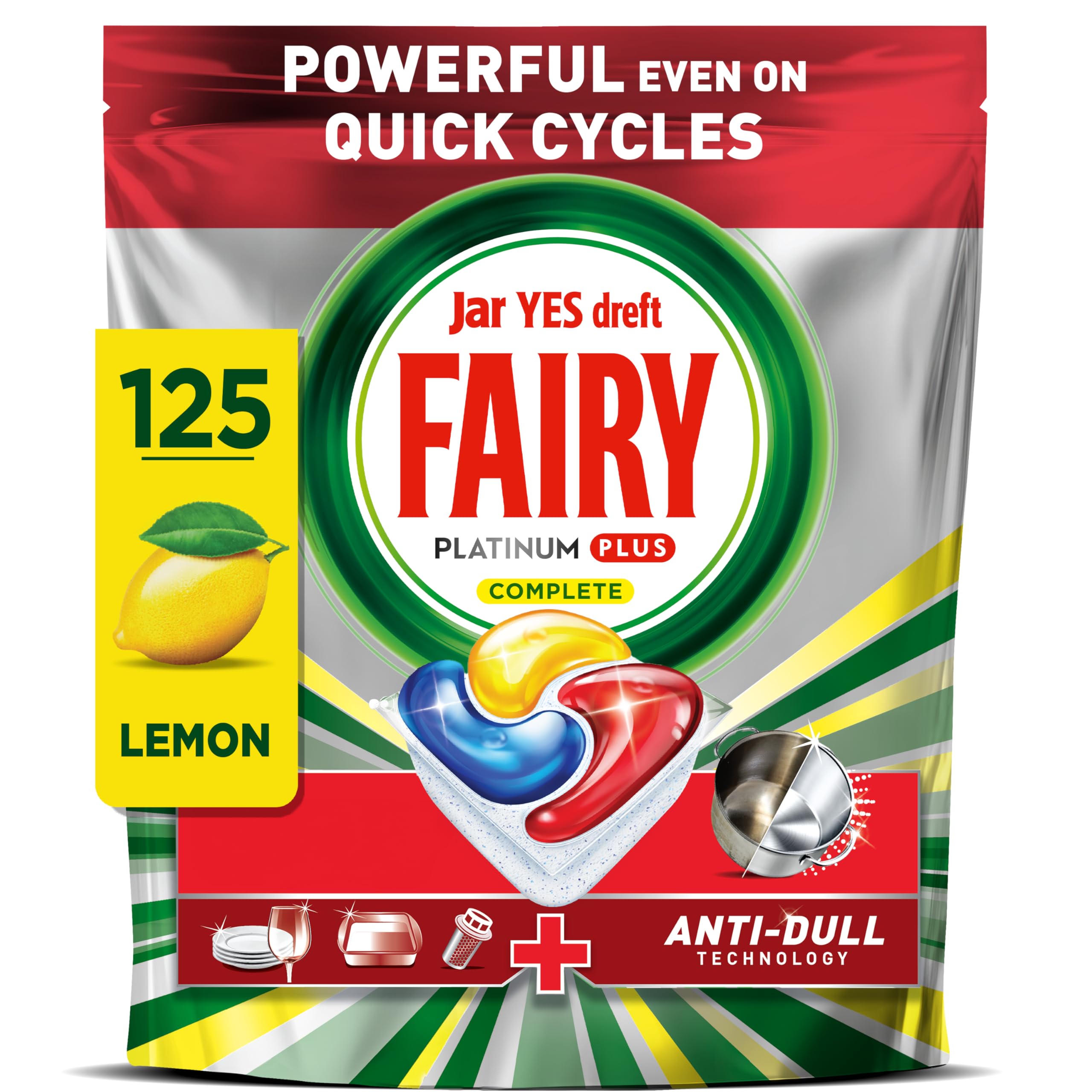 Fairy Platinum Plus All in One Dishwasher Tablets - Lemon Scent - 125 Count Dishwasher Detergent Pods - Like New