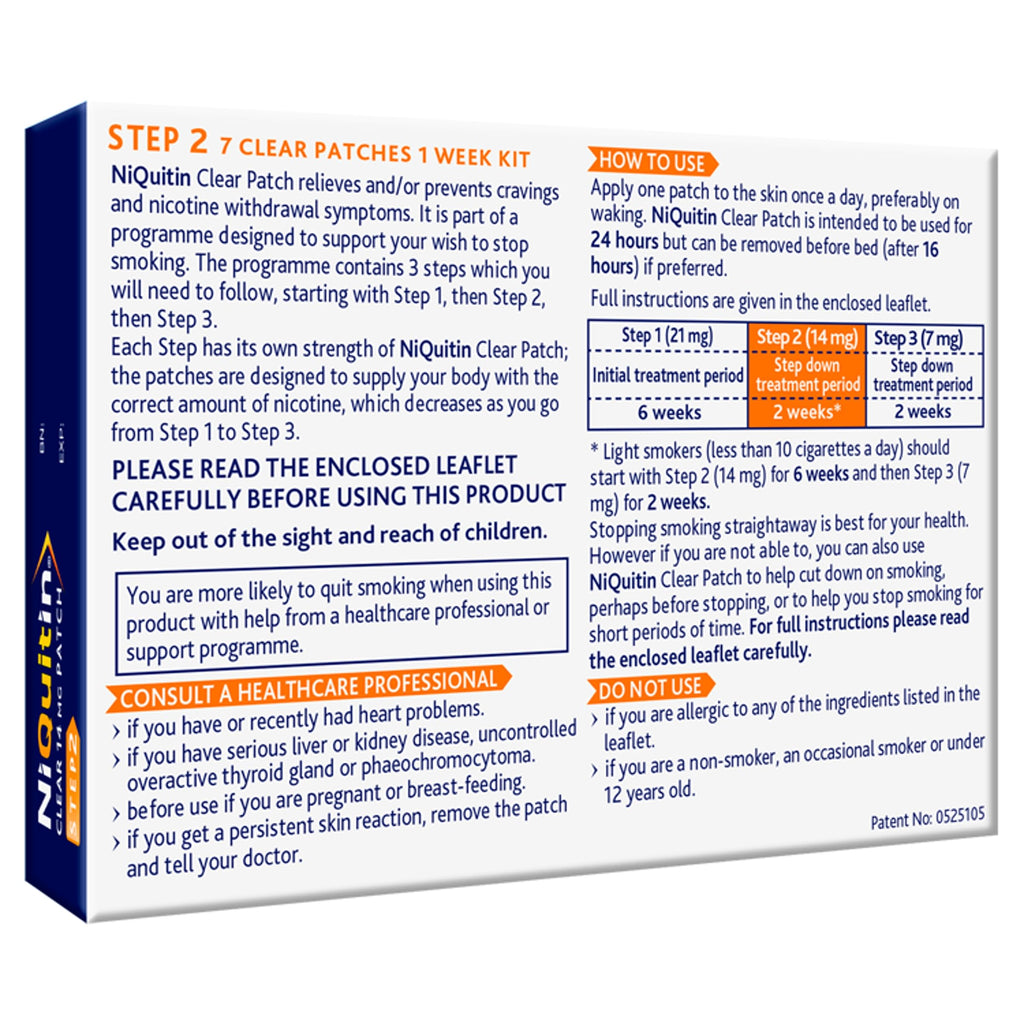 NiQuitin Clear Nicotine Patches Step 2 14mg - 7 Patches - 1 Week Supply - Stop Smoking Aid - Damaged Box - BBE 01/2029