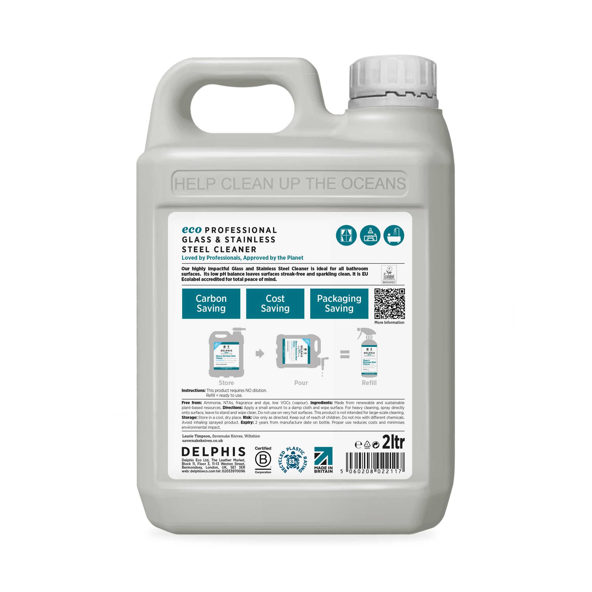 Delphis Eco Glass Window Stainless Steel Cleaner 2L Refill - Streak-Free Plant-Based Biodegradable Formula - Very Good