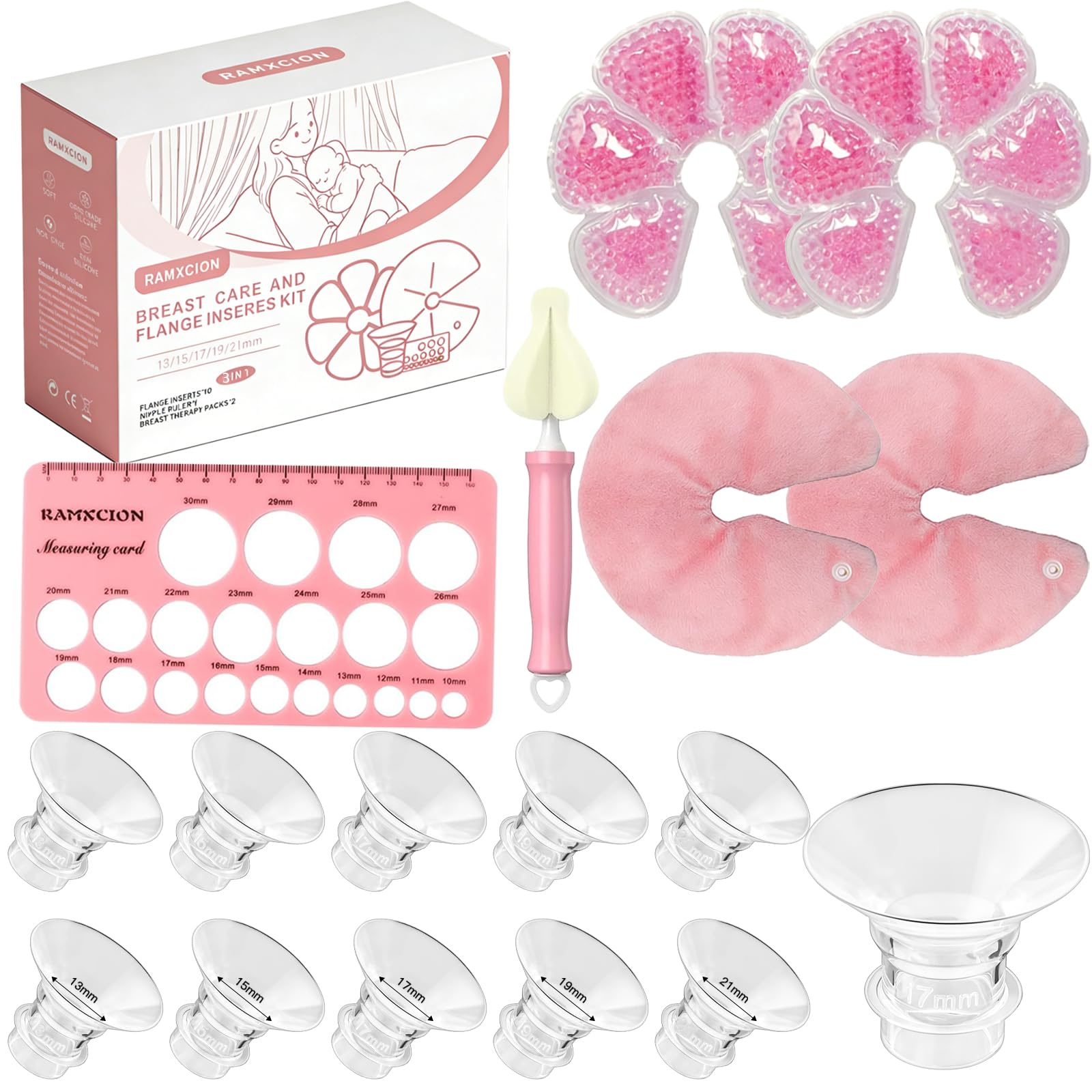 Breast Pump Flange Inserts 13-21mm for 24mm Flange - Cooling Gel Pads & Nipple Rulers - BPA Free Sizing Kit - Damaged Box