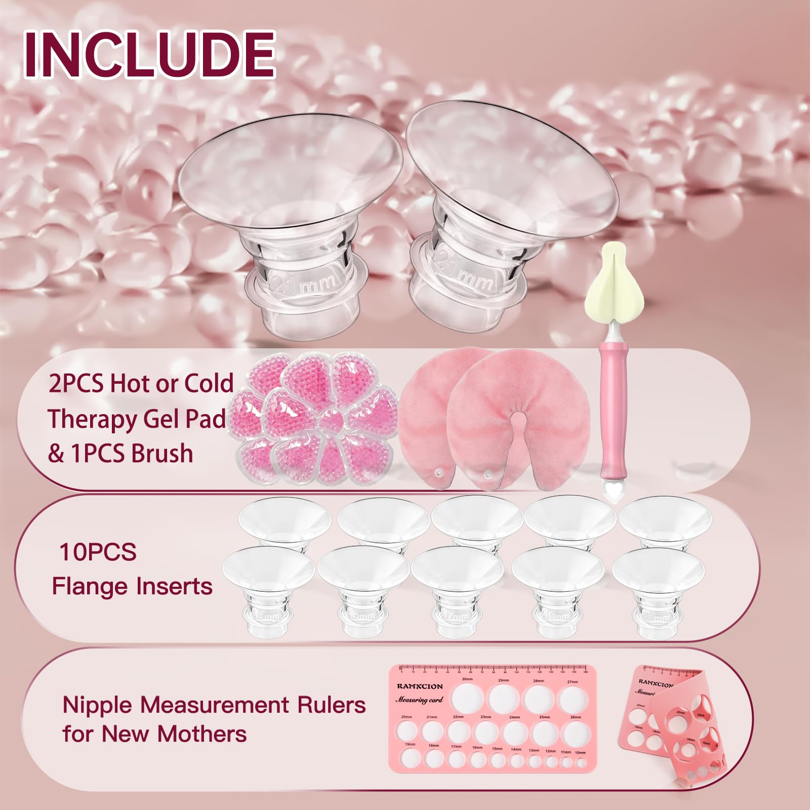 Breast Pump Flange Inserts 13-21mm for 24mm Flange - Cooling Gel Pads & Nipple Rulers - BPA Free Sizing Kit - Damaged Box
