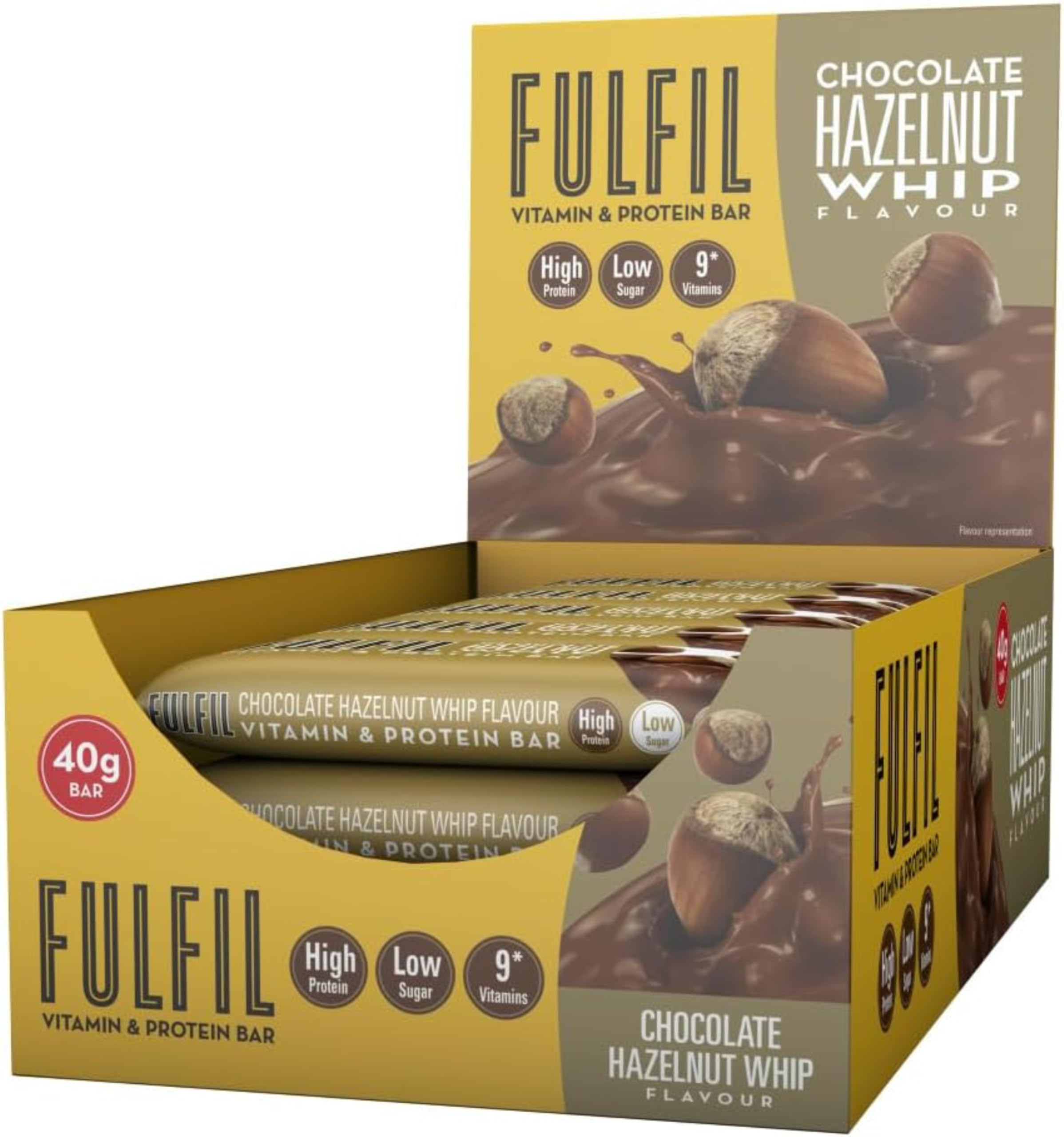Fulfil Vitamin & Protein Bars - Chocolate Hazelnut Whip - 15 x 40g - 14g High Protein Low Sugar 9 Vitamins - New - BBE 12/2026