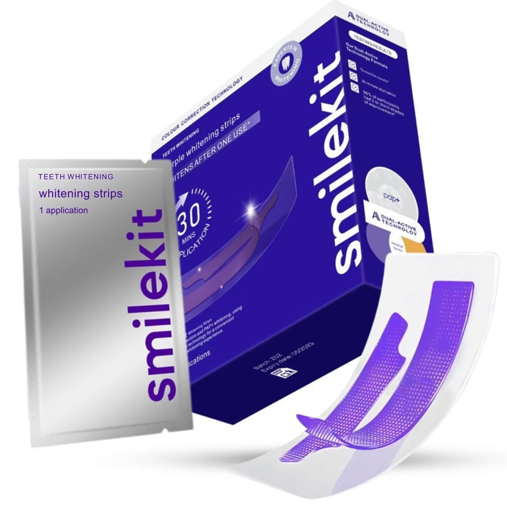 SmileKit Purple Colour Correcting Teeth Whitening Strips - 28 Count - Enamel Safe for Sensitive Teeth - Removes Stains - Damaged Box - BBE 03/2028