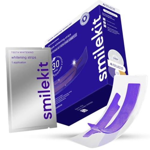 SmileKit Purple Colour Correcting Teeth Whitening Strips - 28 Count - Enamel Safe for Sensitive Teeth - Removes Stains - Damaged Box - BBE 03/2028
