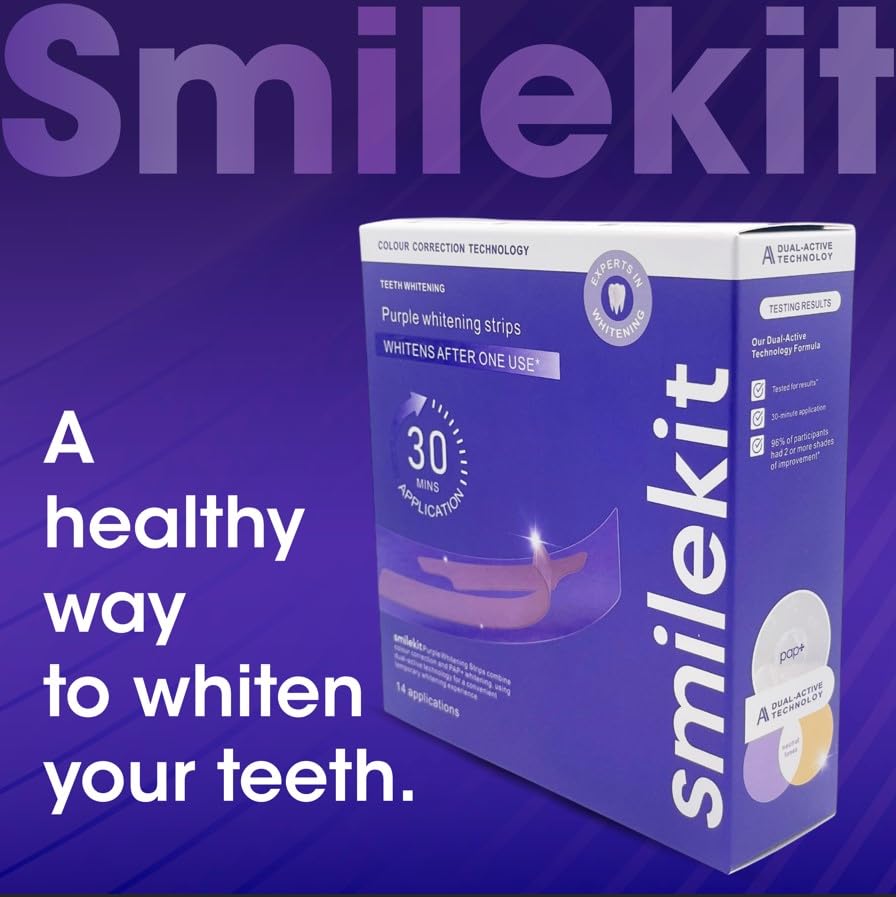 SmileKit Purple Colour Correcting Teeth Whitening Strips - 28 Count - Enamel Safe for Sensitive Teeth - Removes Stains - Damaged Box - BBE 03/2028