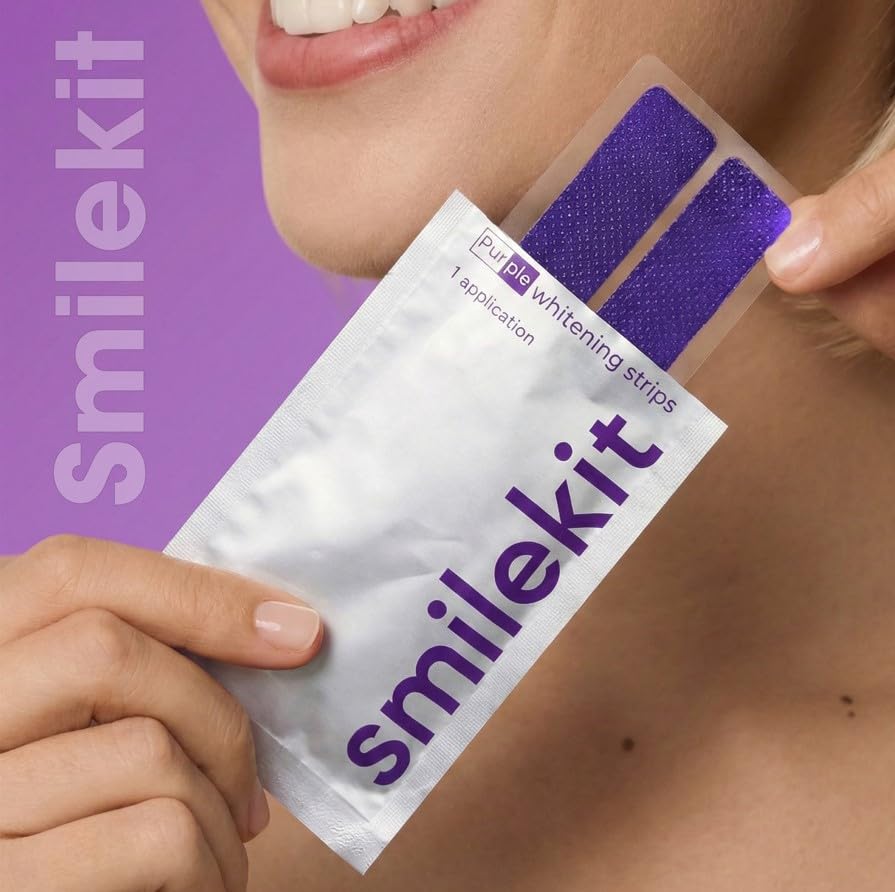 SmileKit Purple Colour Correcting Teeth Whitening Strips - 28 Count - Enamel Safe for Sensitive Teeth - Removes Stains - Damaged Box - BBE 03/2028
