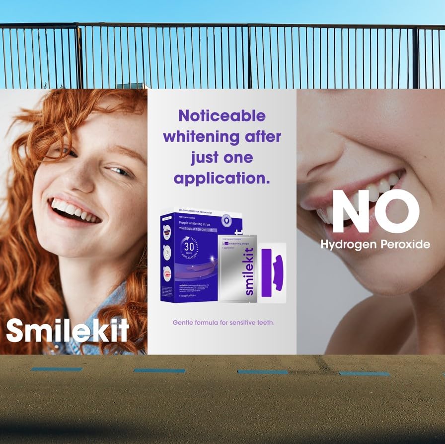 SmileKit Purple Colour Correcting Teeth Whitening Strips - 28 Count - Enamel Safe for Sensitive Teeth - Removes Stains - Damaged Box - BBE 03/2028