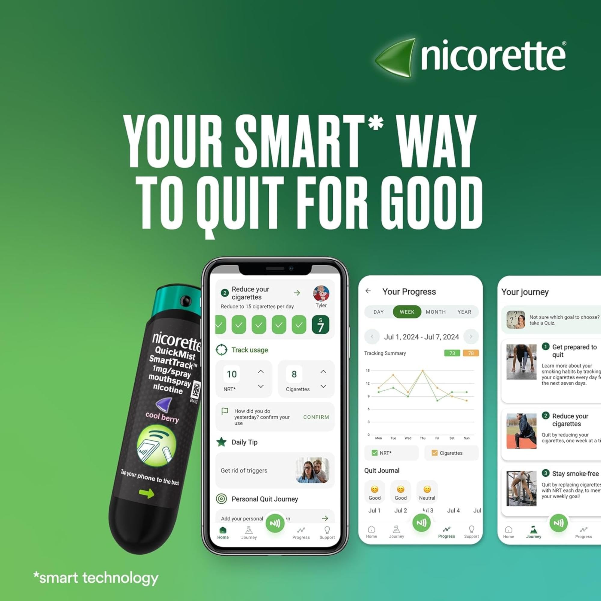 Nicorette Quickmist SmartTrack Mouthspray (2 x 150 sprays), Freshmint, Quit Vaping or Quit Smoking Aid designed to start reducing cravings in 30 Seconds, Smoking or Vaping Cessation Aid - Damaged Box - BBE 08/2029