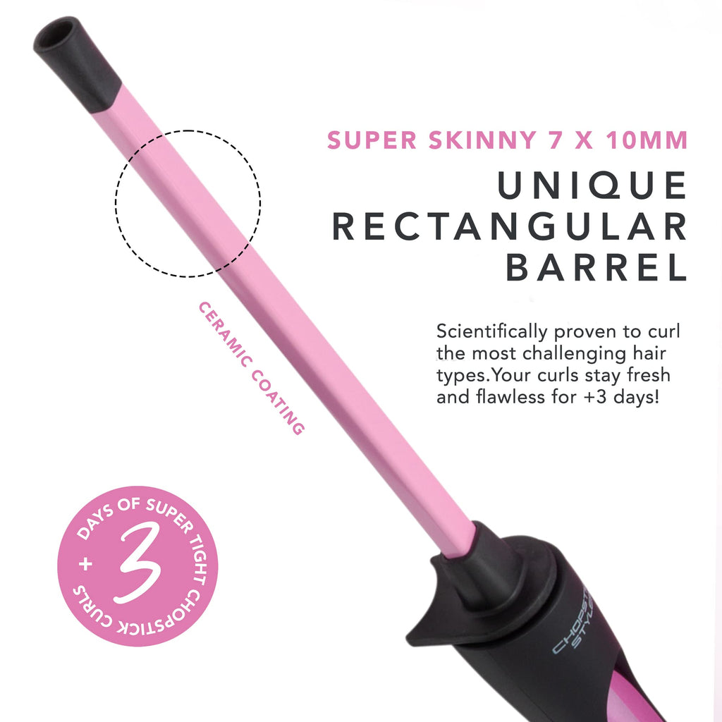 CHOPSTICK STYLER Heroine Curling Wand - 10mm Super Skinny Rectangular Ceramic Barrel - Tight Long Lasting Curls - Heat Glove - Very Good