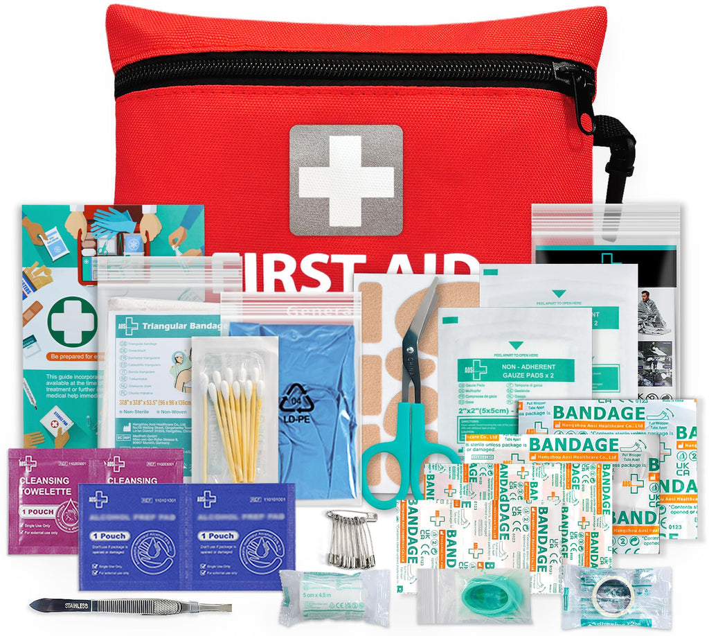 General Medi Mini First Aid Kit - 92 Pieces - Emergency Foil Blanket, Scissors - Travel, Home, Office, Camping - Red - Damaged Box