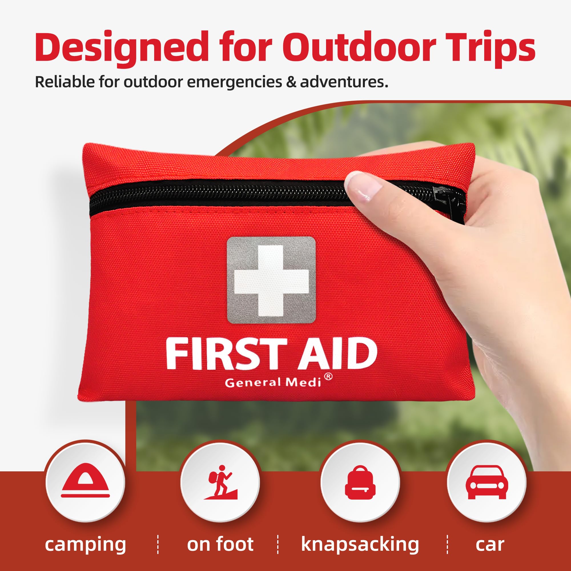 General Medi Mini First Aid Kit - 92 Pieces - Emergency Foil Blanket, Scissors - Travel, Home, Office, Camping - Red - Damaged Box
