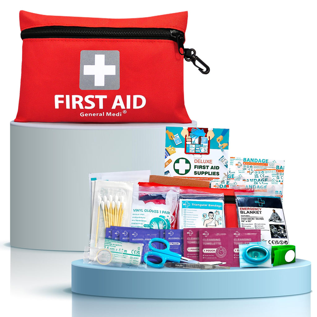 General Medi Mini First Aid Kit - 92 Pieces - Emergency Foil Blanket, Scissors - Travel, Home, Office, Camping - Red - Damaged Box