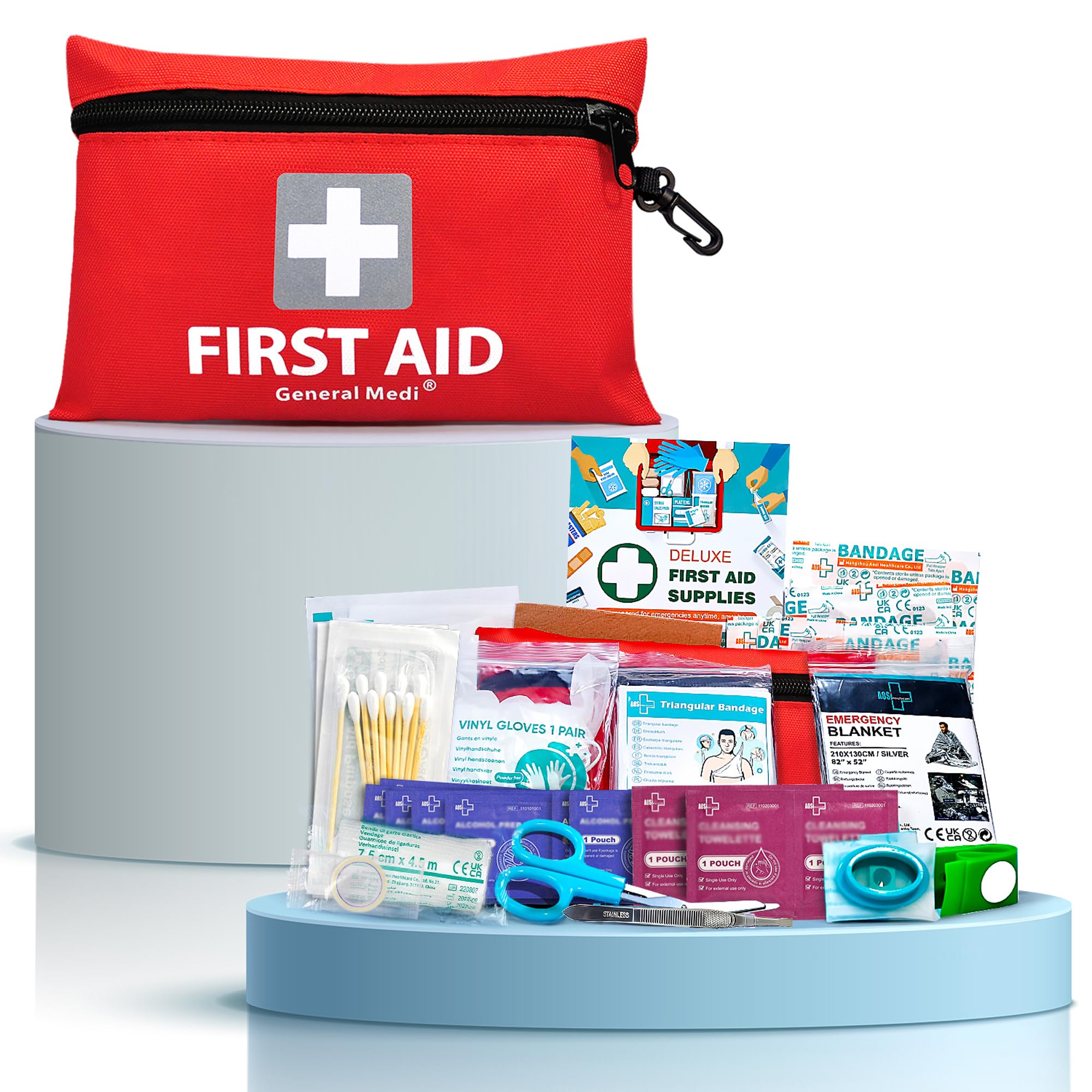 General Medi Mini First Aid Kit - 92 Pieces - Emergency Foil Blanket, Scissors - Travel, Home, Office, Camping - Red - Damaged Box