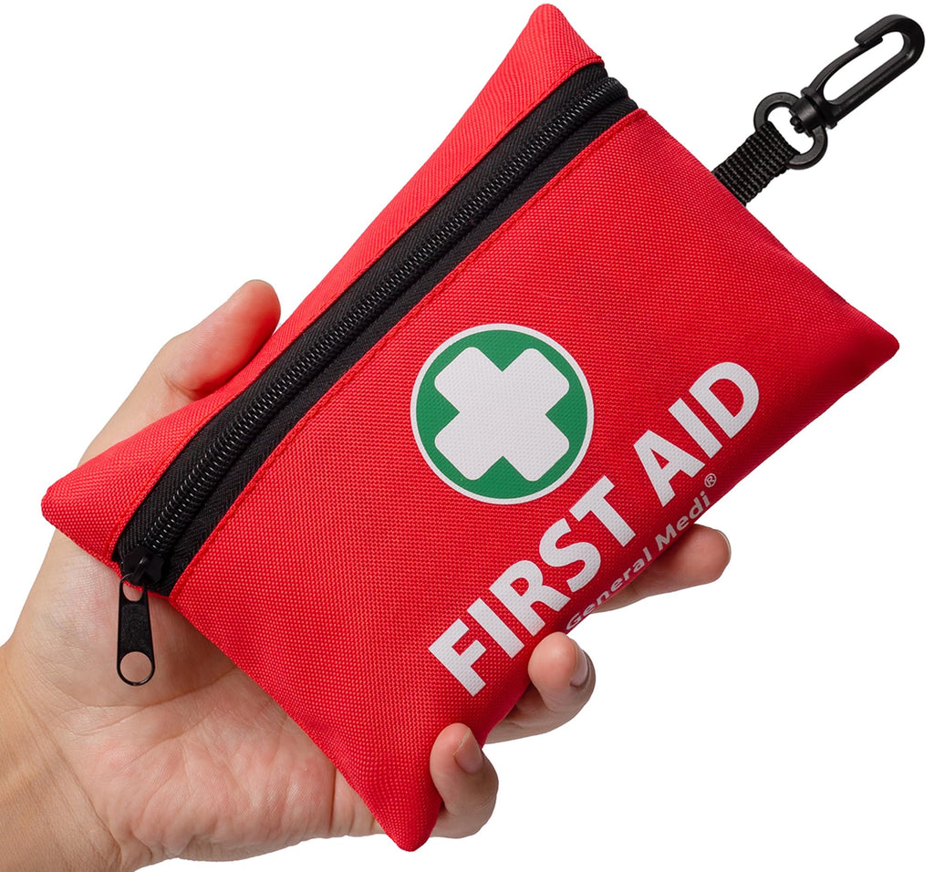 General Medi Mini First Aid Kit - 92 Pieces - Emergency Foil Blanket, Scissors - Travel, Home, Office, Camping - Red - Damaged Box