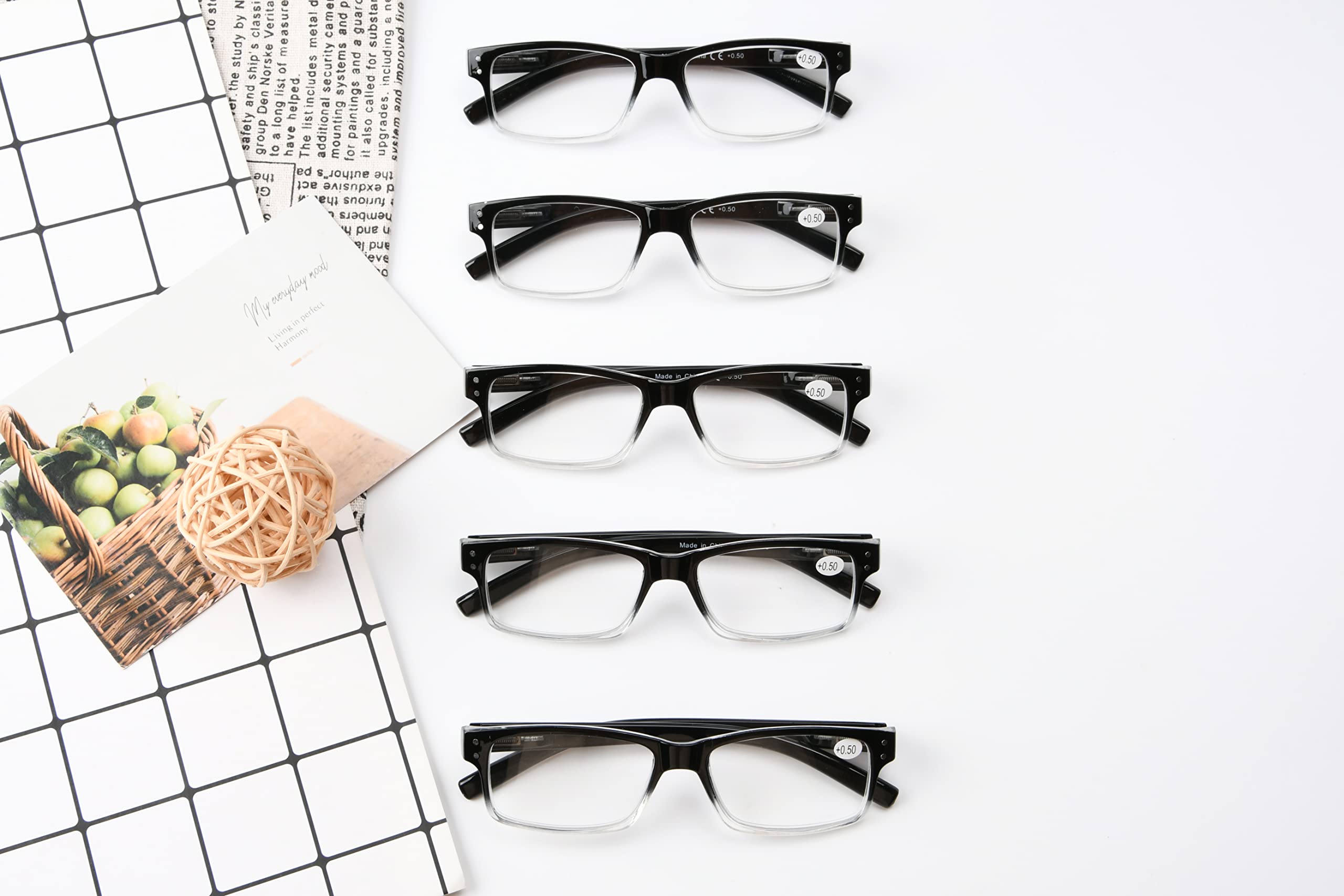 Eyekepper Vintage Reading Glasses - 5 Pack - Black Clear Frame - Men Women Readers - Damaged Box