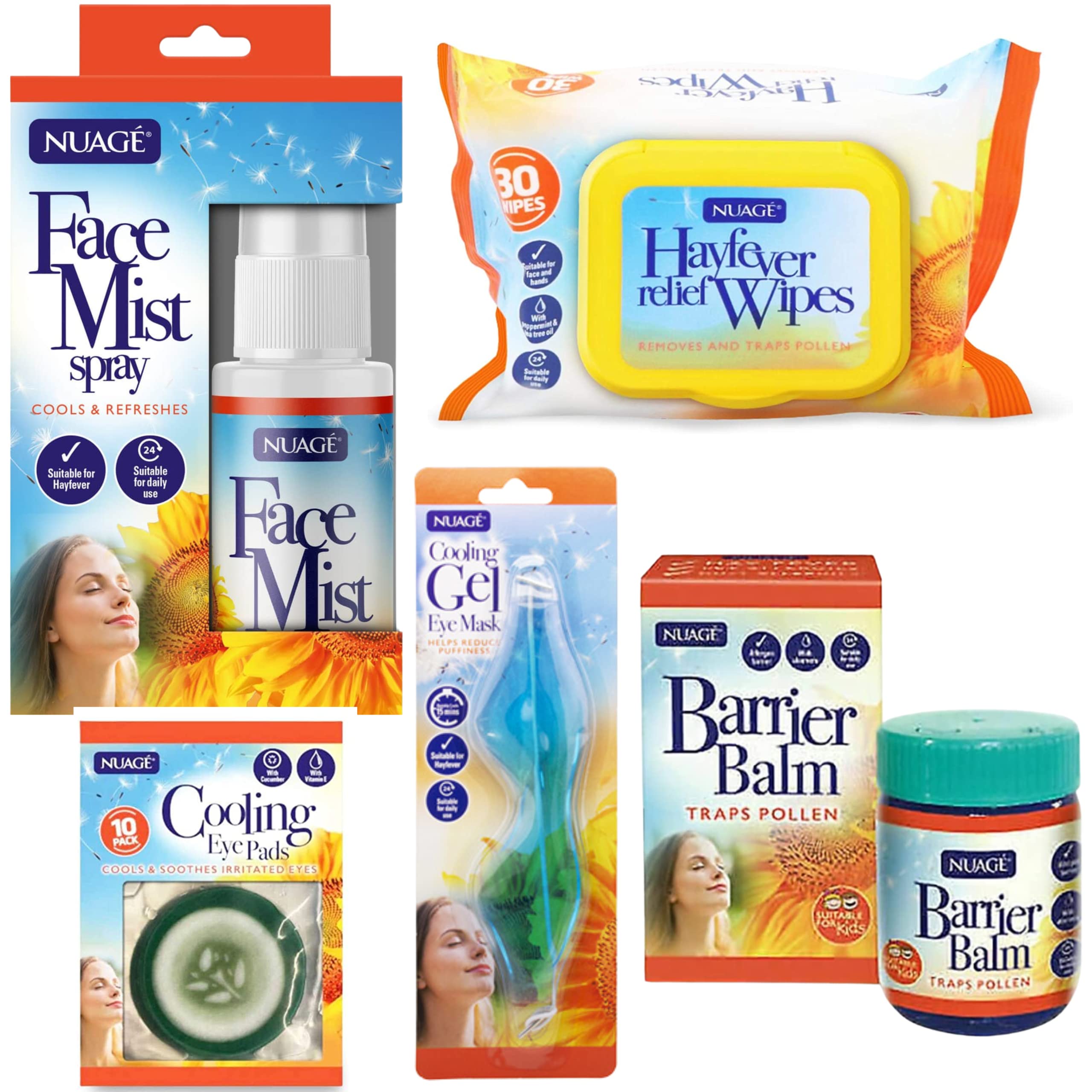 Nuage Hayfever Survival Kit - 30 Wipes, Barrier Balm, Face Mist, Cooling Gel Eye Mask & Pads - Natural Relief - New