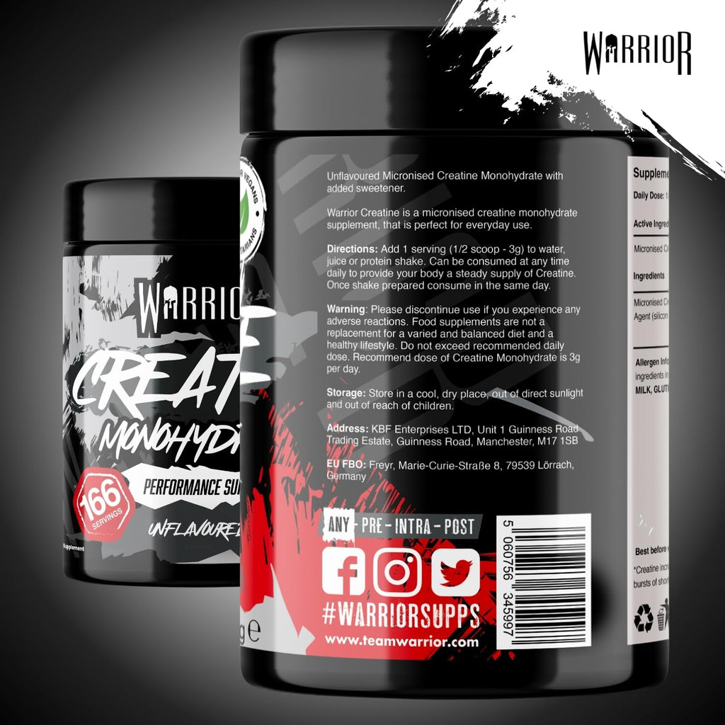 Warrior Creatine Monohydrate Powder 500g - 166 Servings Micronised Pure Unflavoured Supplement for Men & Women - New - BBE 05/2027
