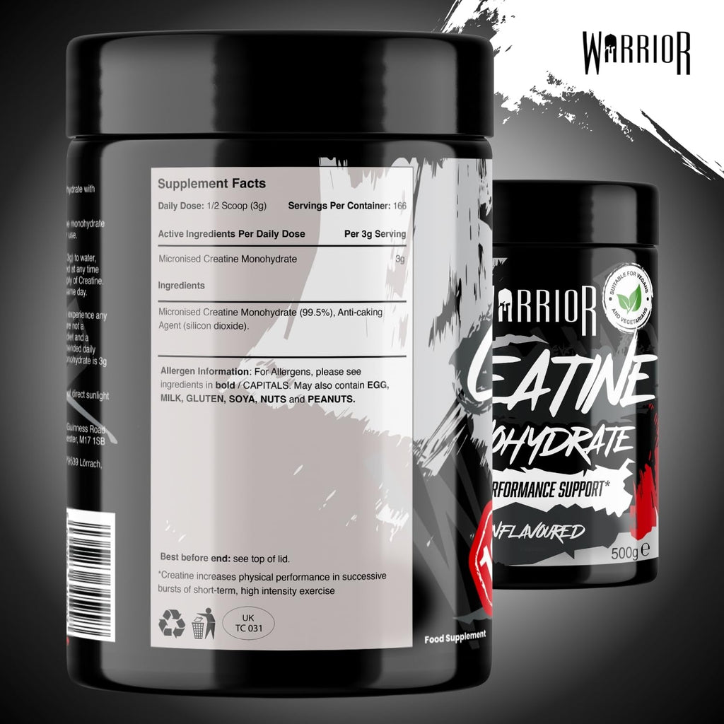 Warrior Creatine Monohydrate Powder 500g - 166 Servings Micronised Pure Unflavoured Supplement for Men & Women - New - BBE 05/2027