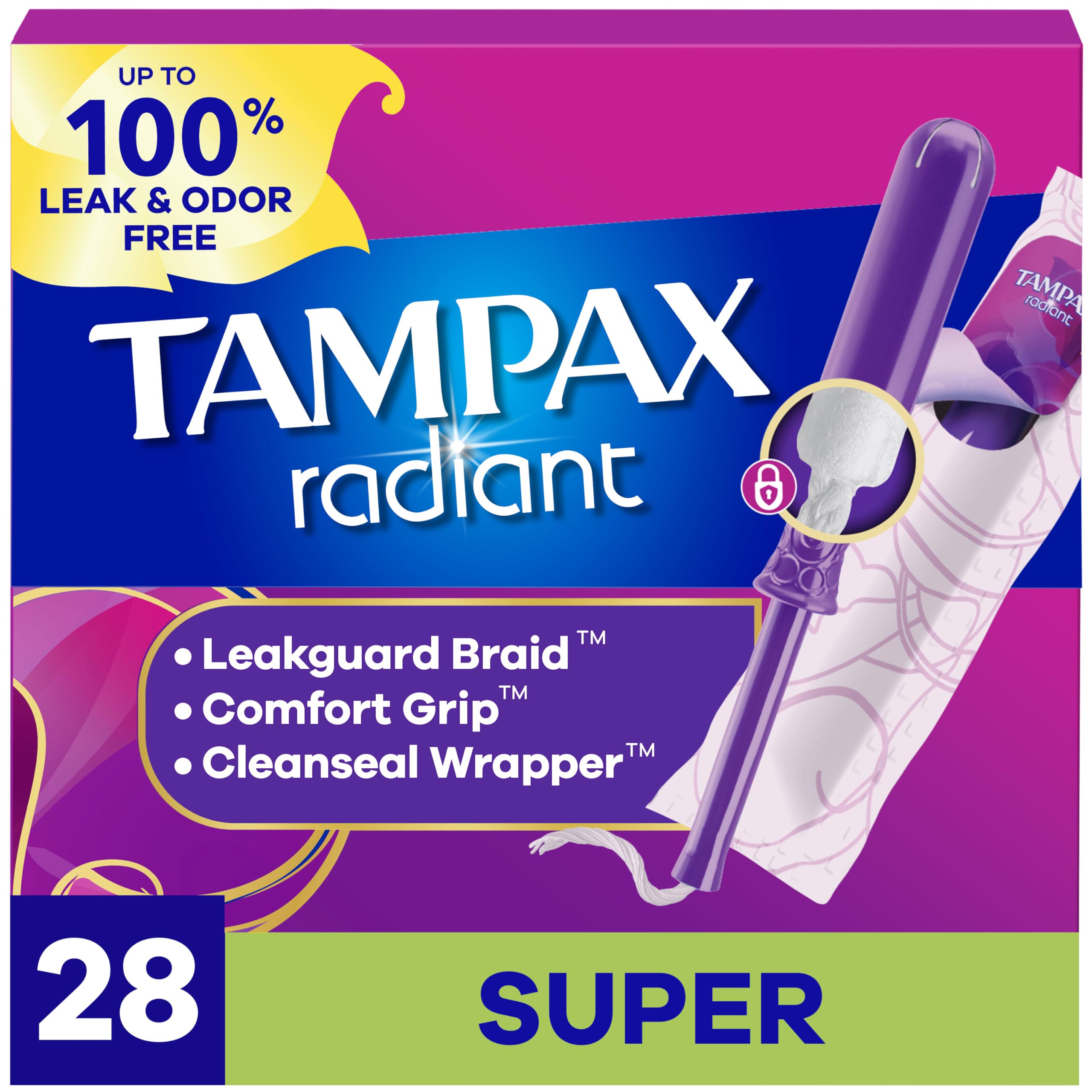 Tampax Radiant Tampons Super Absorbency with LeakGuard Braid - 28 Count - Damaged Box