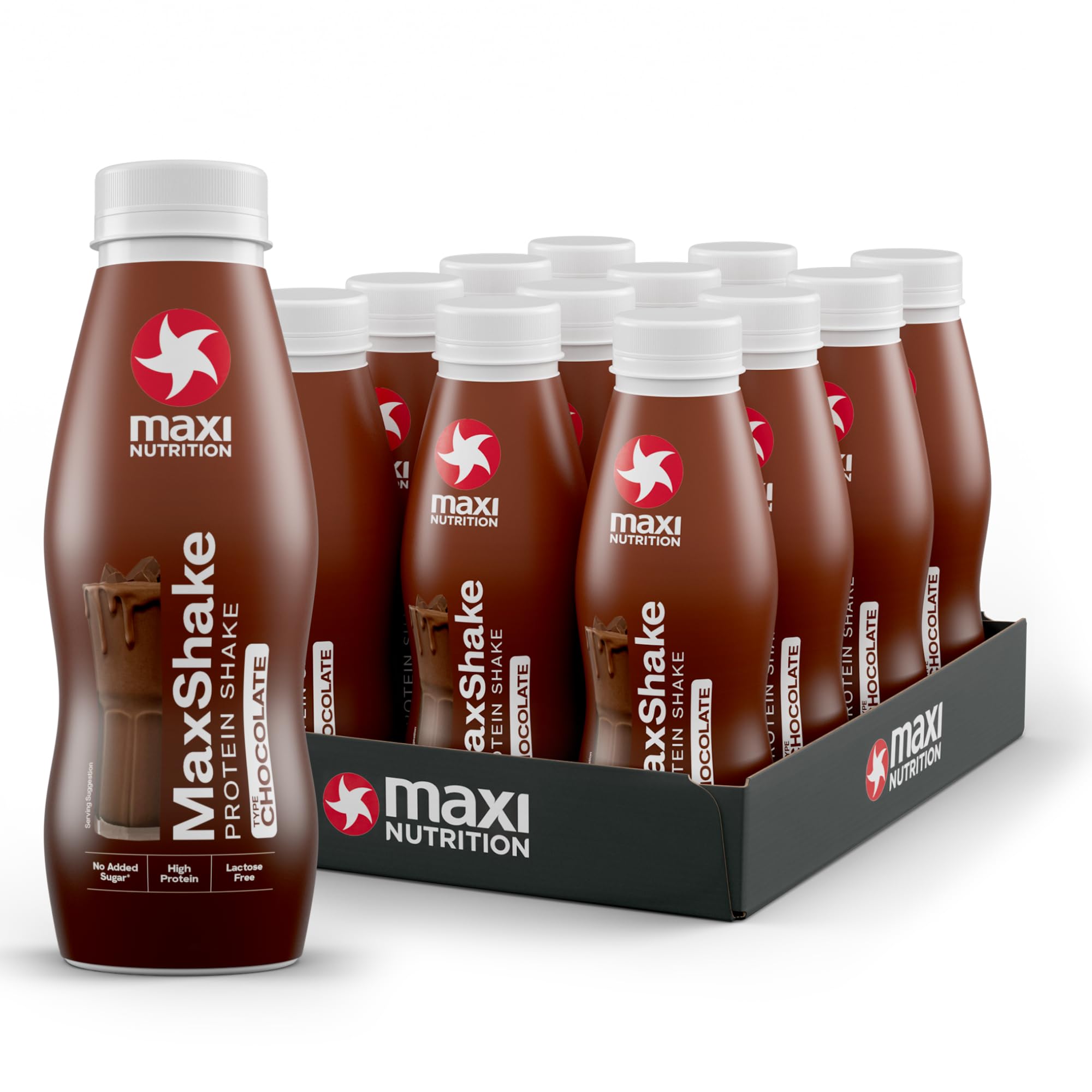 MaxiNutrition MaxShake Chocolate Protein Milkshake - 12 x 330ml - 25g Protein, Low Fat, Low Carb, Lactose-Free Shake - Damaged Box - BBE 07/2026