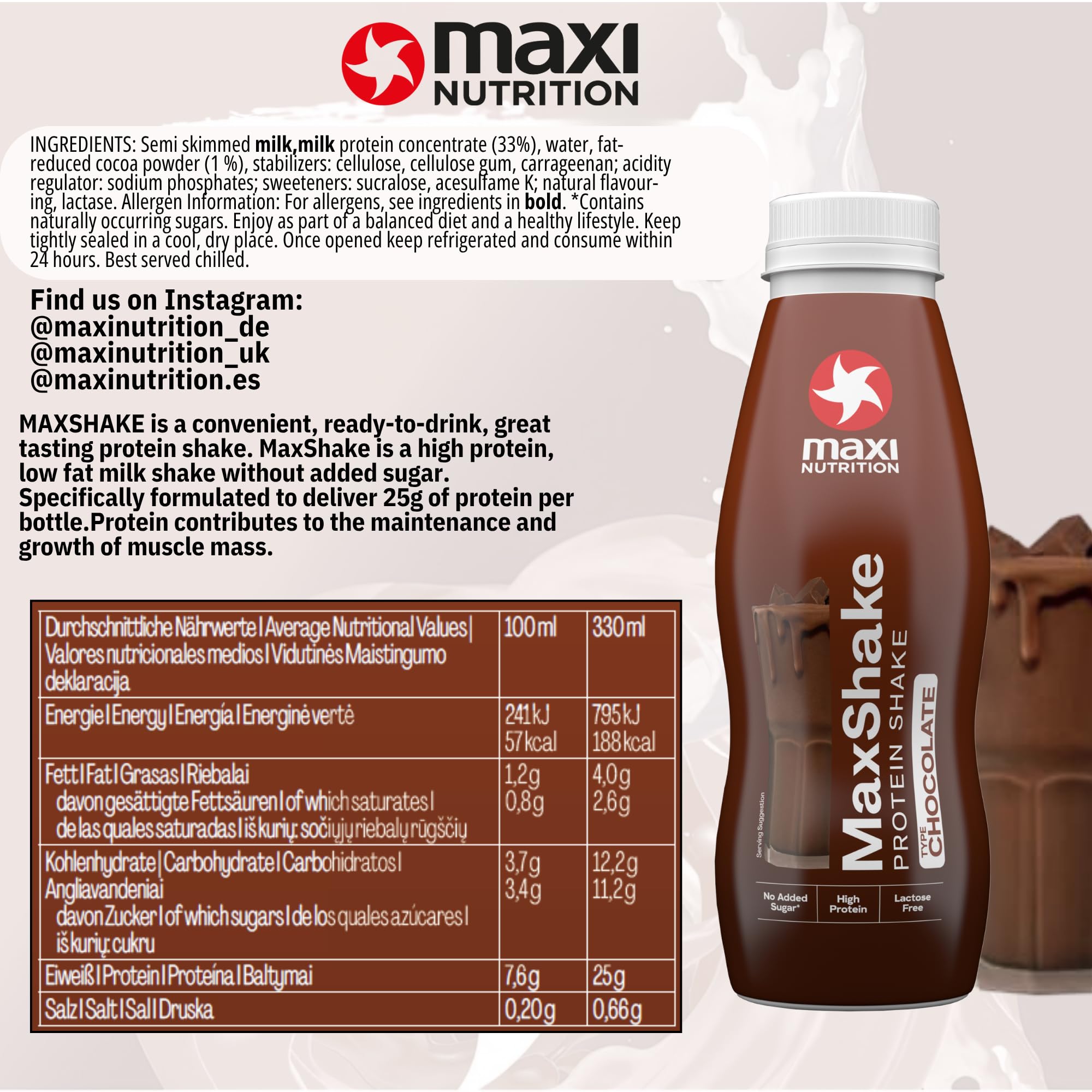 MaxiNutrition MaxShake Chocolate Protein Milkshake - 12 x 330ml - 25g Protein, Low Fat, Low Carb, Lactose-Free Shake - Damaged Box - BBE 07/2026