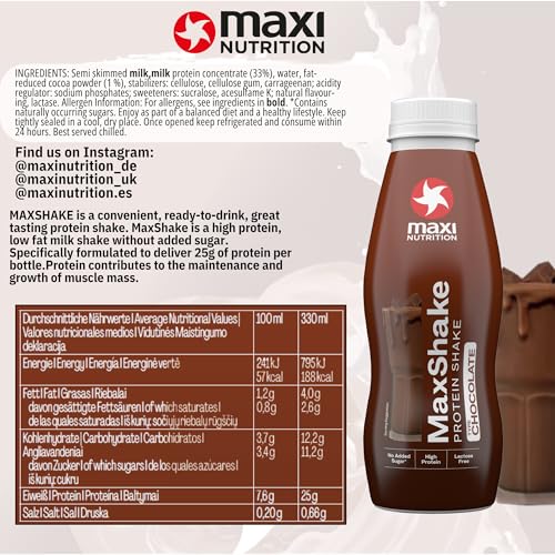 MaxiNutrition MaxShake Chocolate Protein Milkshake - 12 x 330ml - 25g Protein, Low Fat, Low Carb, Lactose-Free Shake - Damaged Box - BBE 07/2026