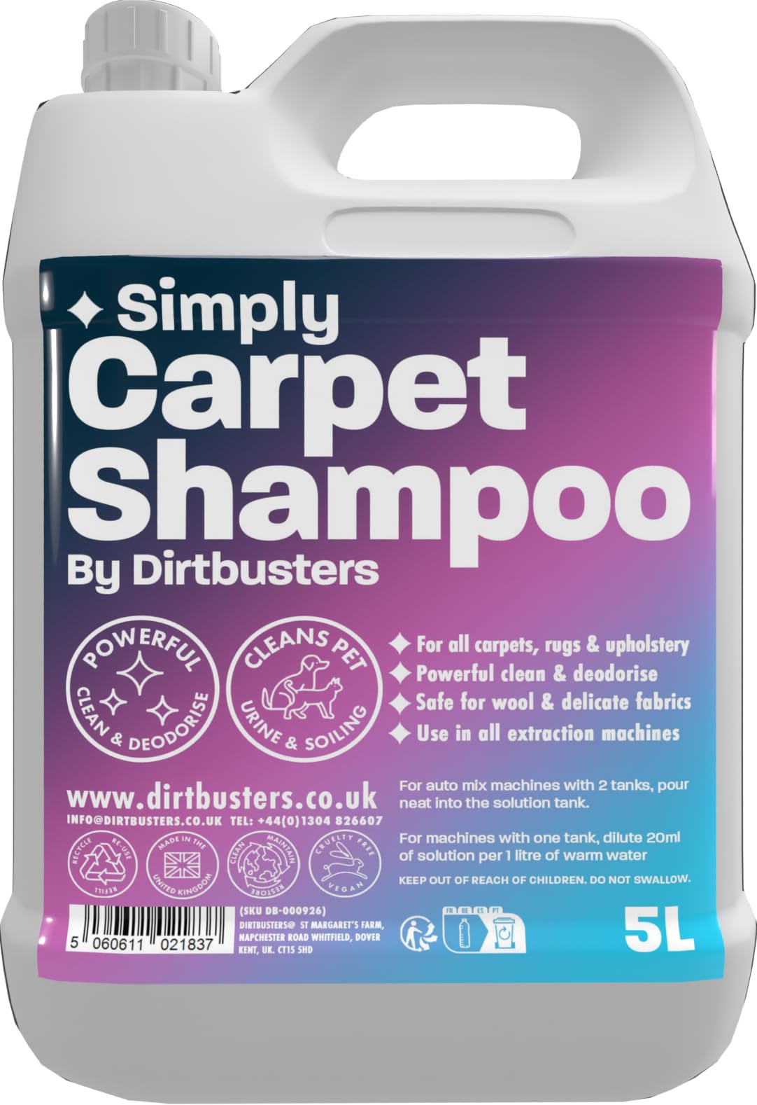 Dirtbusters Simply Carpet Cleaner Shampoo Solution - Stain Remover - 5L - Machine & Manual Use - Damaged Box