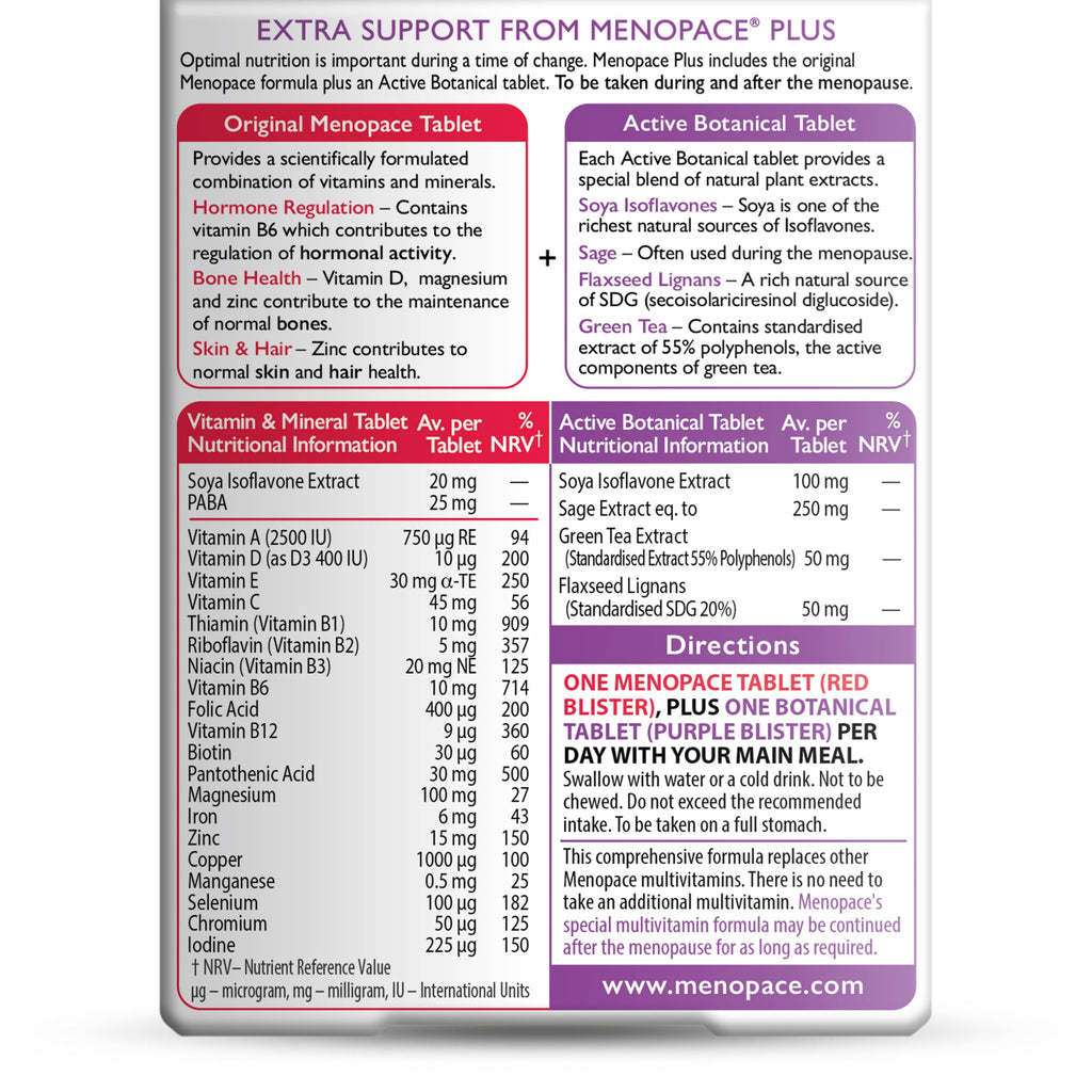 Vitabiotics Menopace Plus - Menopause Perimenopause Support - Sage Soya Isoflavones - 1 Pack - 56 Tablets - Damaged Box - BBE 08/2026