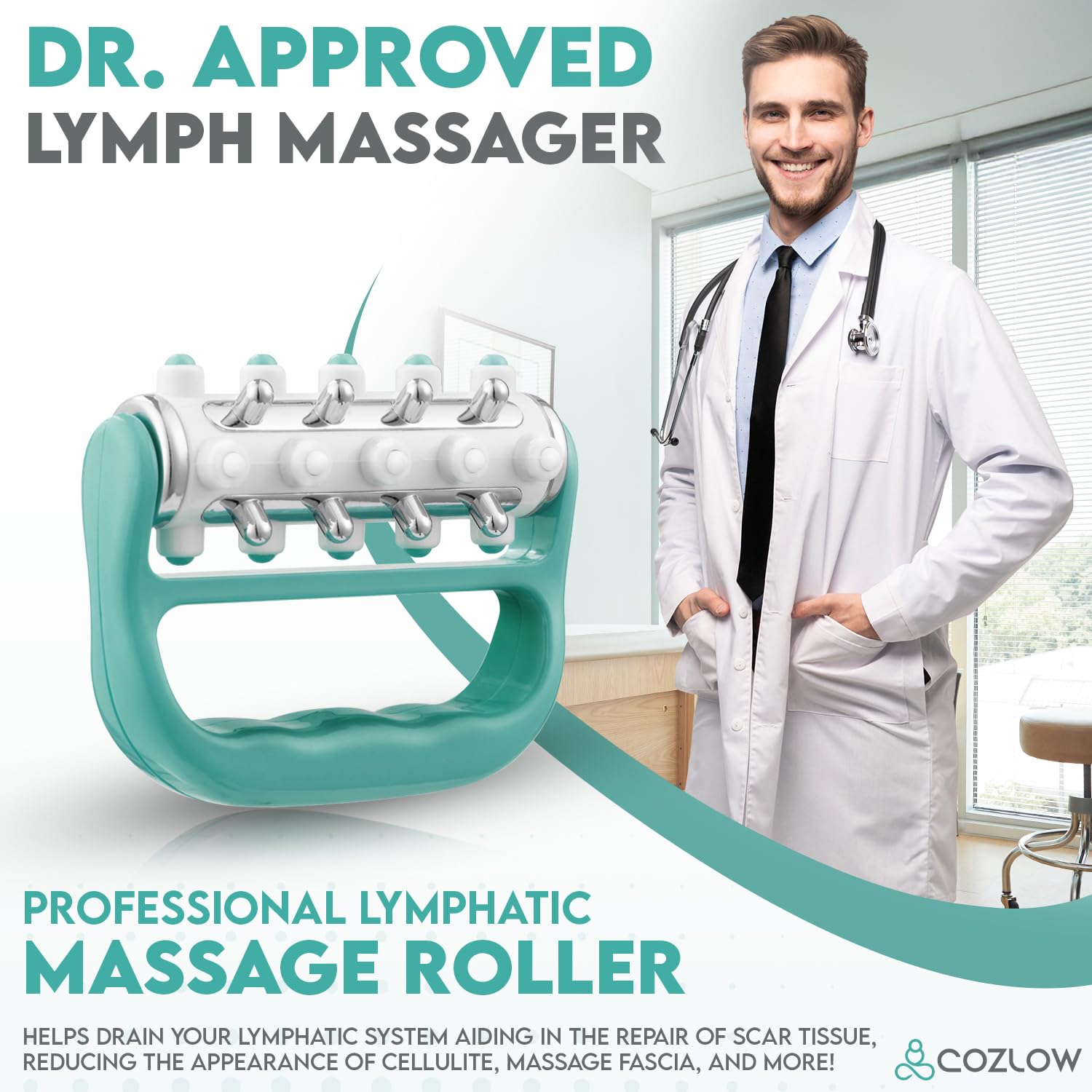 Cozlow MyoRelease Lymphatic Drainage Massager - Green Handheld Fascia Release Scar Tissue Roller for Body, Cellulite - Damaged Box