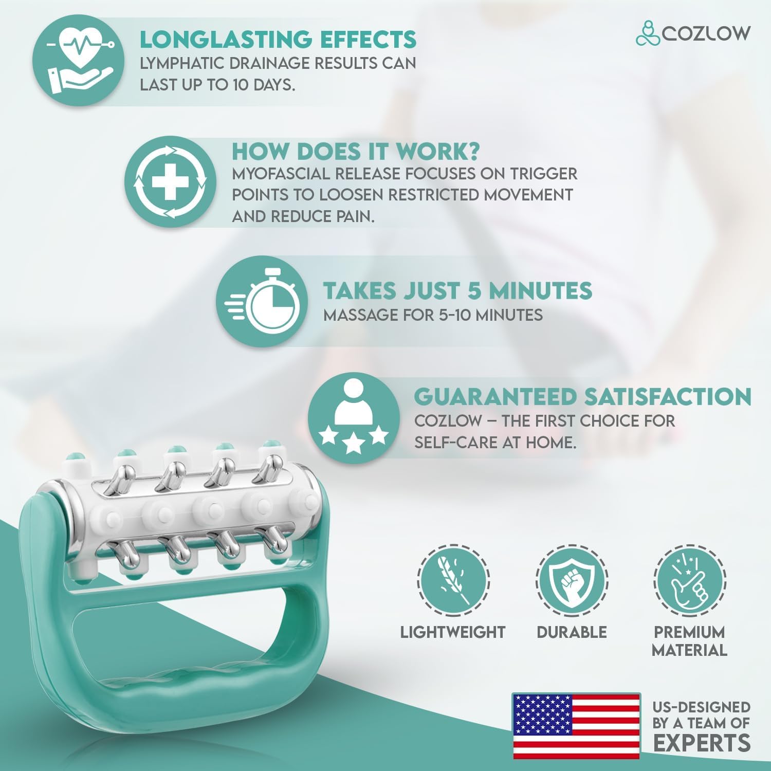 Cozlow MyoRelease Lymphatic Drainage Massager - Green Handheld Fascia Release Scar Tissue Roller for Body, Cellulite - Damaged Box