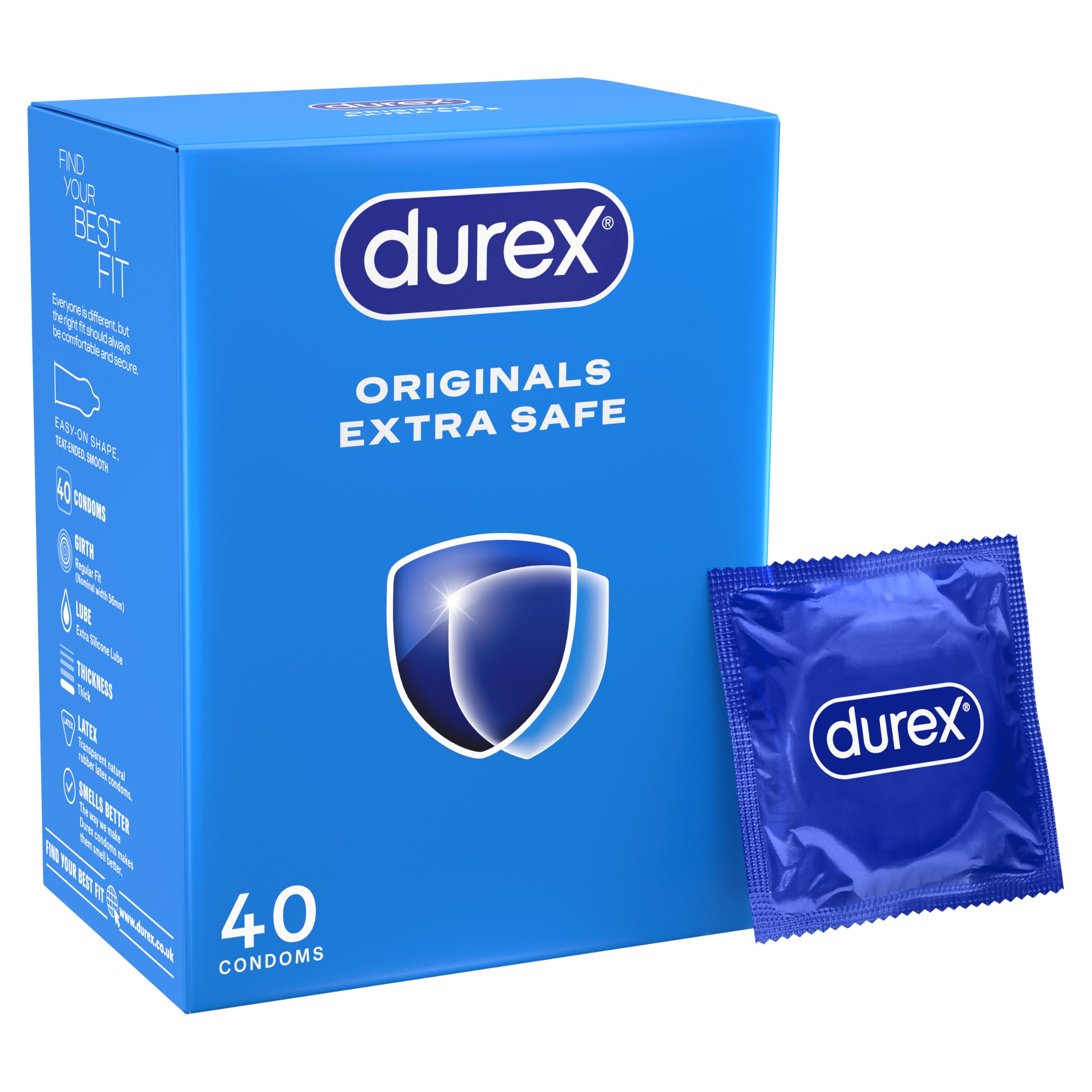Durex Originals Extra Safe Condoms - Regular Fit - 40 Pack - Easy-On Shape - Silicone Lubricant for Comfort & Protection - Damaged Box - BBE 06/2028