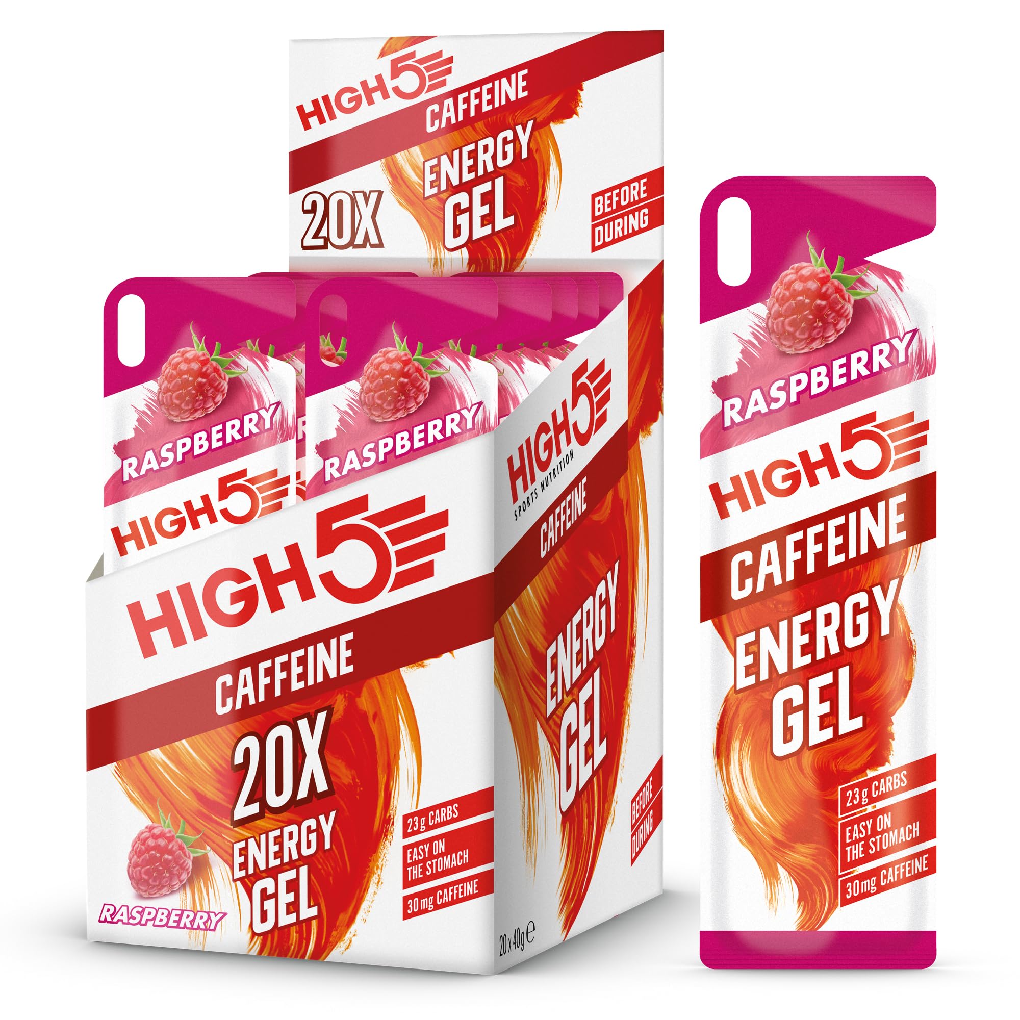 HIGH5 Caffeine Gels - Raspberry 20 x 40g - Energy Shot for Running Cycling Marathon - Glucose Sports Fuel - Damaged Box - BBE 04/2027