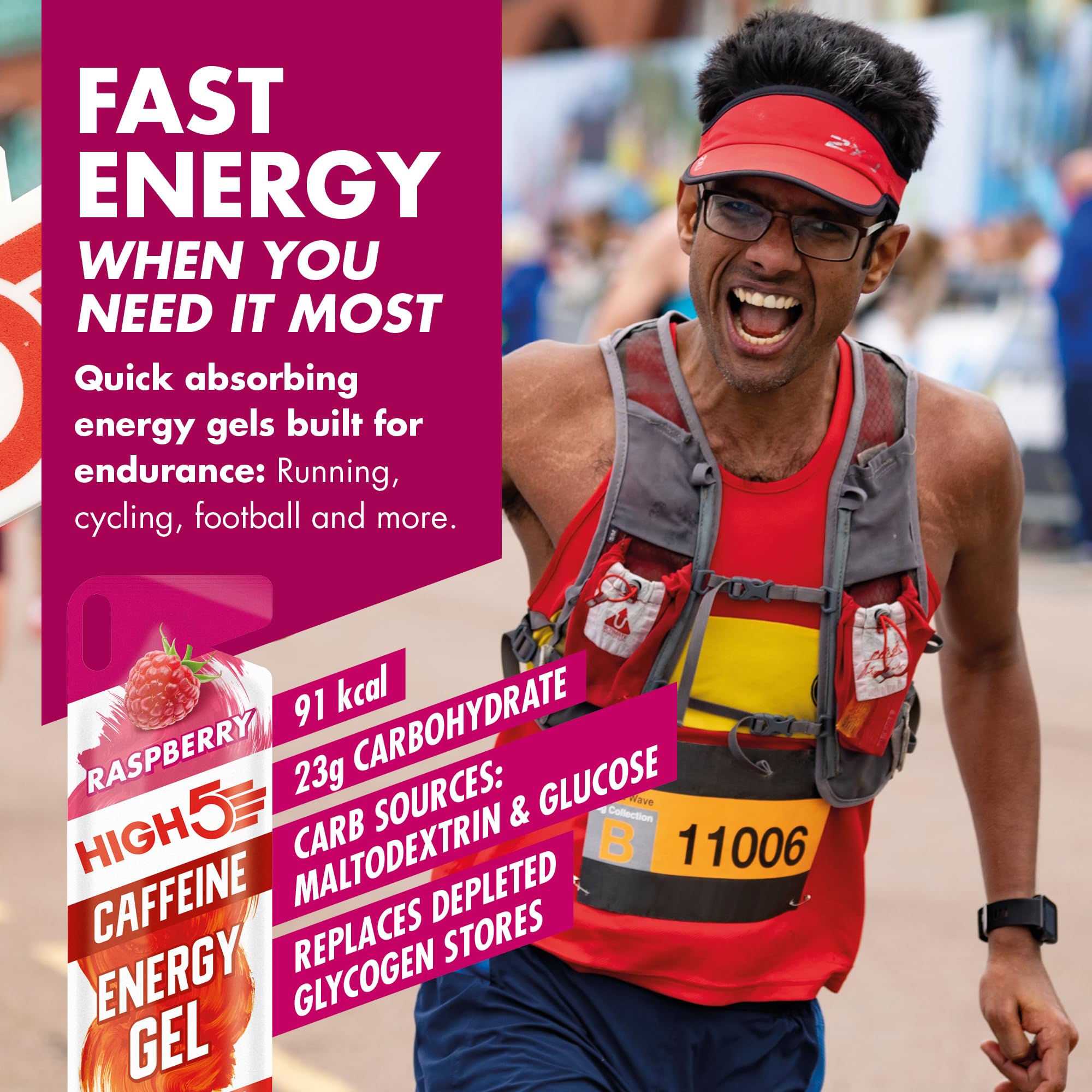 HIGH5 Caffeine Gels - Raspberry 20 x 40g - Energy Shot for Running Cycling Marathon - Glucose Sports Fuel - Damaged Box - BBE 04/2027