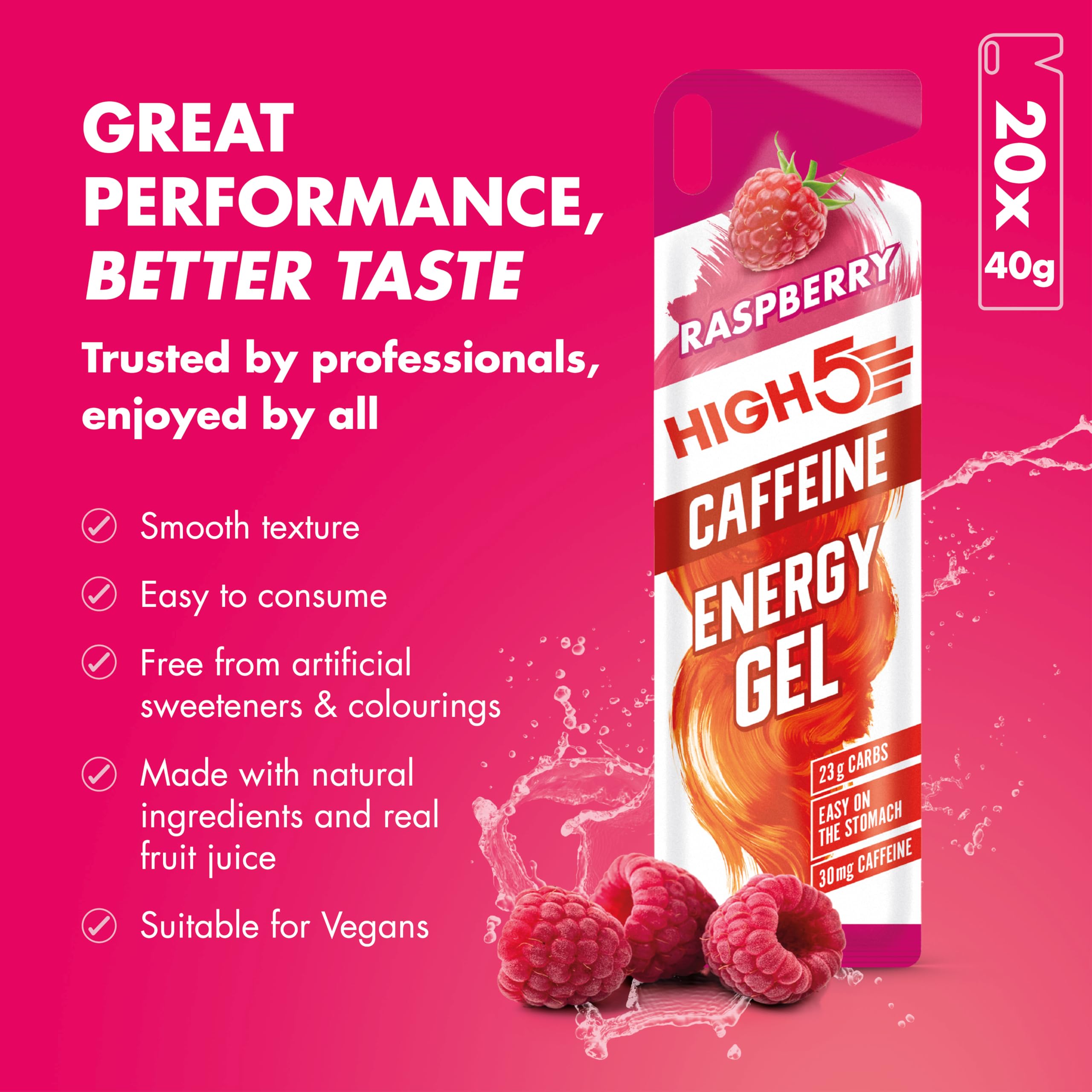 HIGH5 Caffeine Gels - Raspberry 20 x 40g - Energy Shot for Running Cycling Marathon - Glucose Sports Fuel - Damaged Box - BBE 04/2027