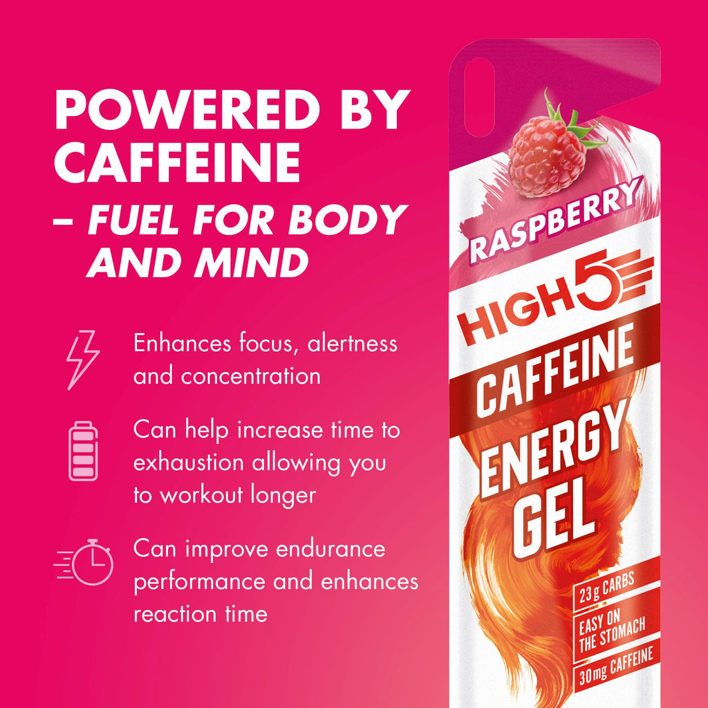 HIGH5 Caffeine Gels - Raspberry 20 x 40g - Energy Shot for Running Cycling Marathon - Glucose Sports Fuel - Damaged Box - BBE 04/2027