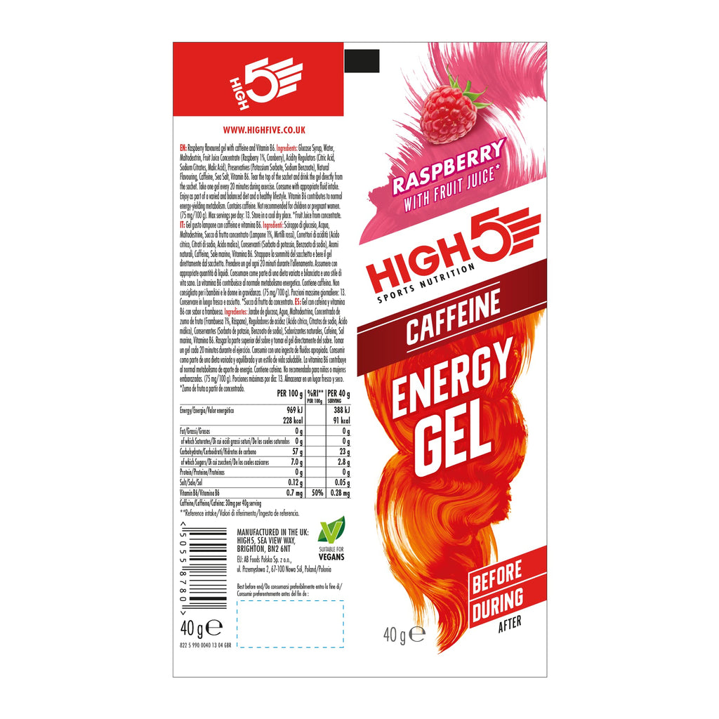 HIGH5 Caffeine Gels - Raspberry 20 x 40g - Energy Shot for Running Cycling Marathon - Glucose Sports Fuel - Damaged Box - BBE 04/2027
