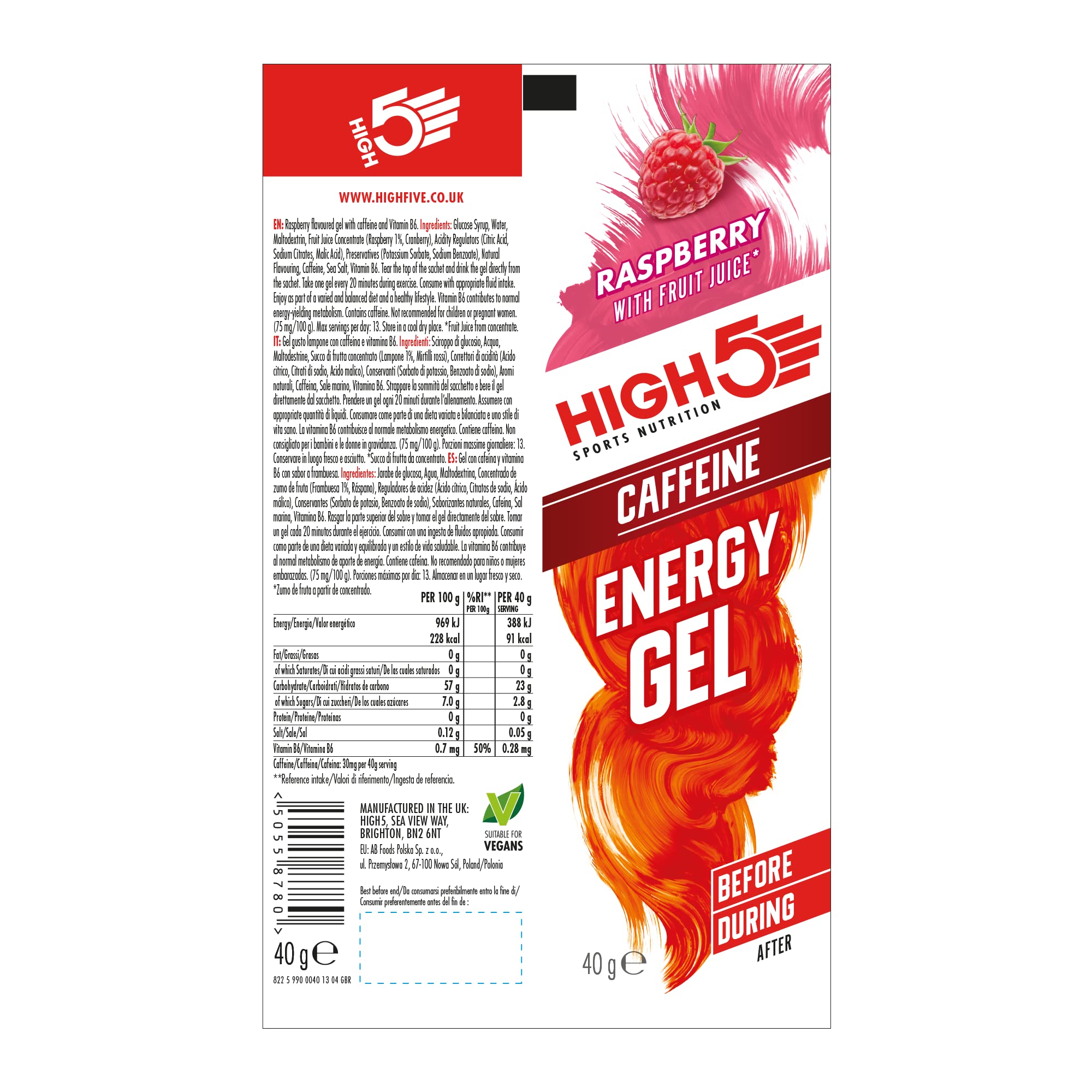HIGH5 Caffeine Gels - Raspberry 20 x 40g - Energy Shot for Running Cycling Marathon - Glucose Sports Fuel - Damaged Box - BBE 04/2027