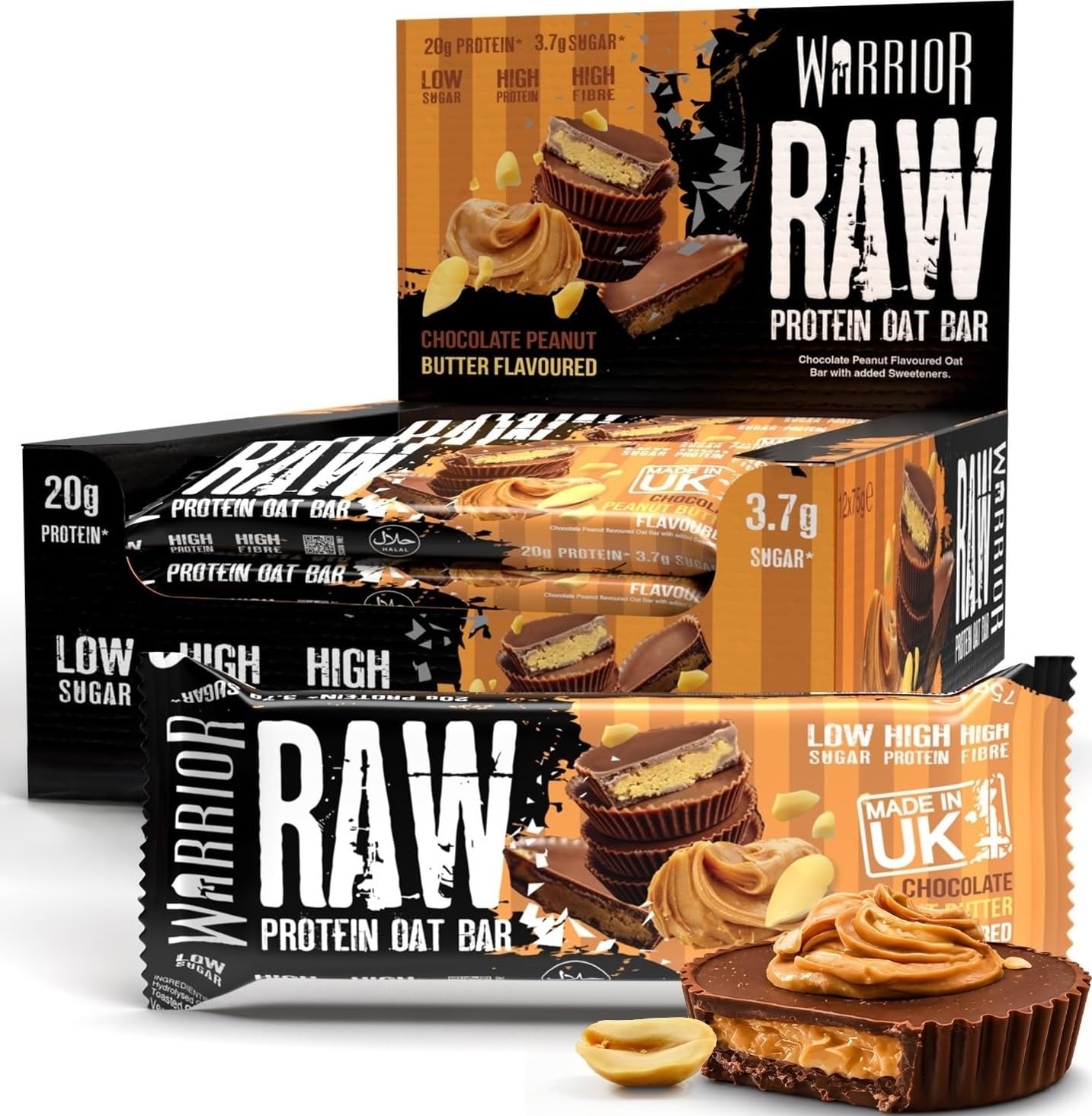 Warrior RAW Protein Bars 12 x 75g - 20g High Protein Low Sugar Fibre Oat Flapjack - Chocolate Peanut Snack Meal Replacement - Damaged Box - BBE 05/2027