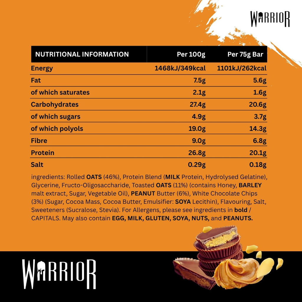 Warrior RAW Protein Bars 12 x 75g - 20g High Protein Low Sugar Fibre Oat Flapjack - Chocolate Peanut Snack Meal Replacement - Damaged Box - BBE 05/2027